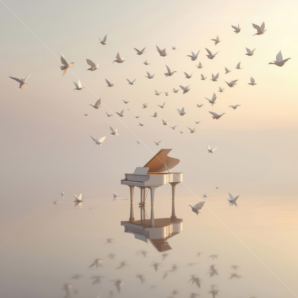 Musical harmony blends with nature as a piano stands alone in serene waters at sunrise, surrounded by a flock of flying birds