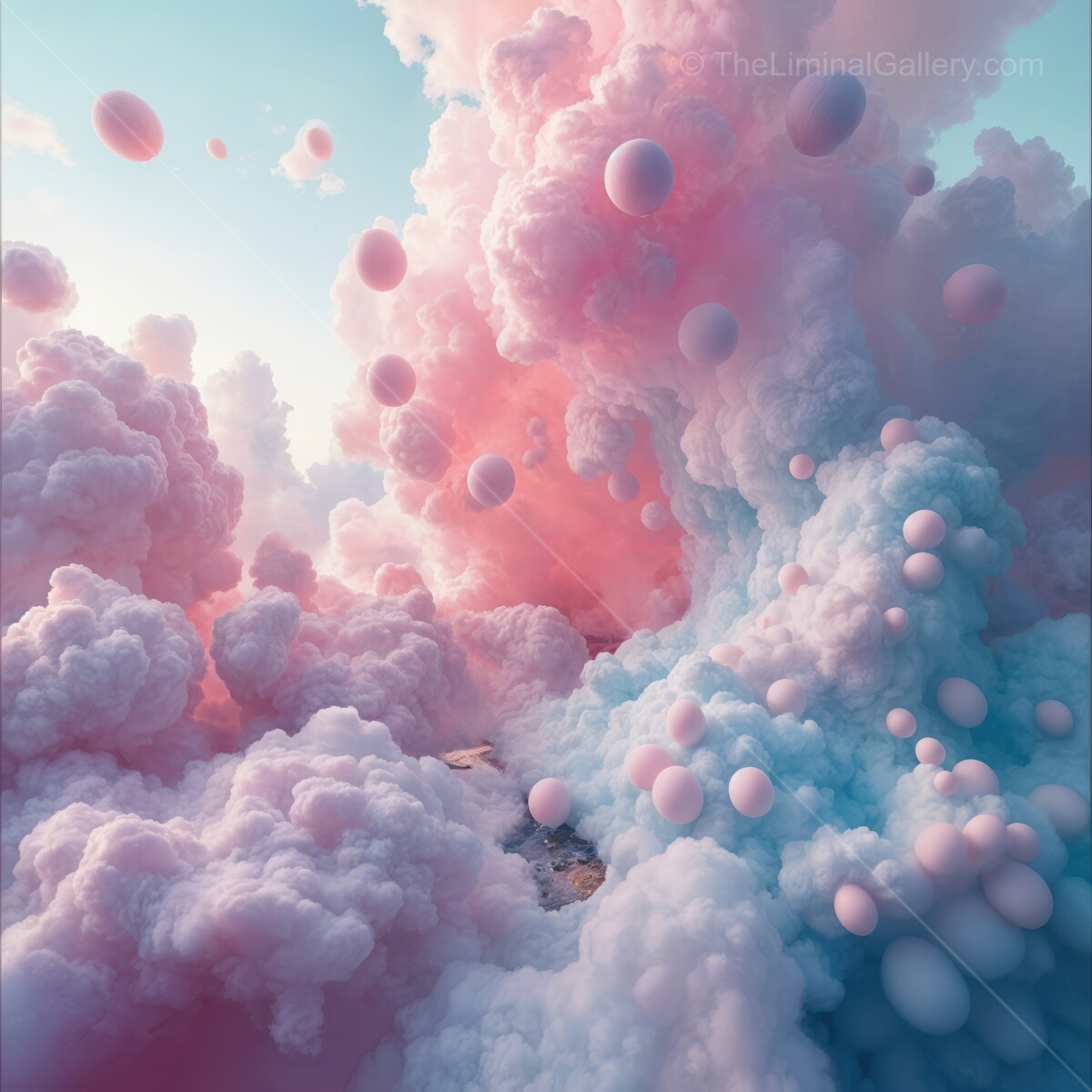 Soft pink and blue clouds bloom like cotton candy in the serene sky during a dreamy twilight hour