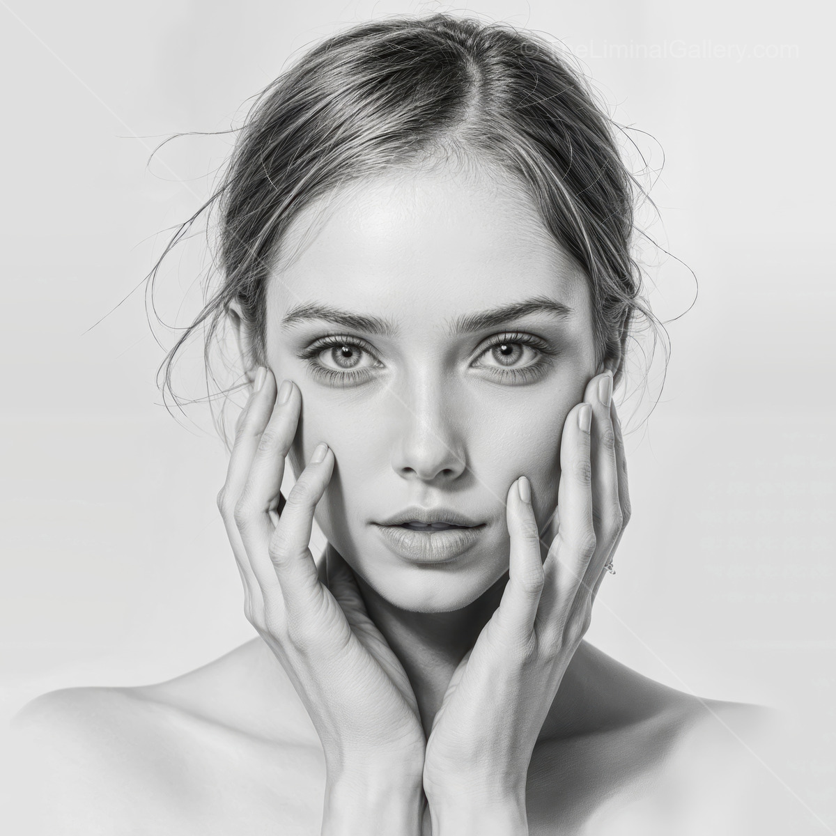 Beauty and grace captured in a striking black and white portrait of a serene young woman with soft features and an emotional gaze