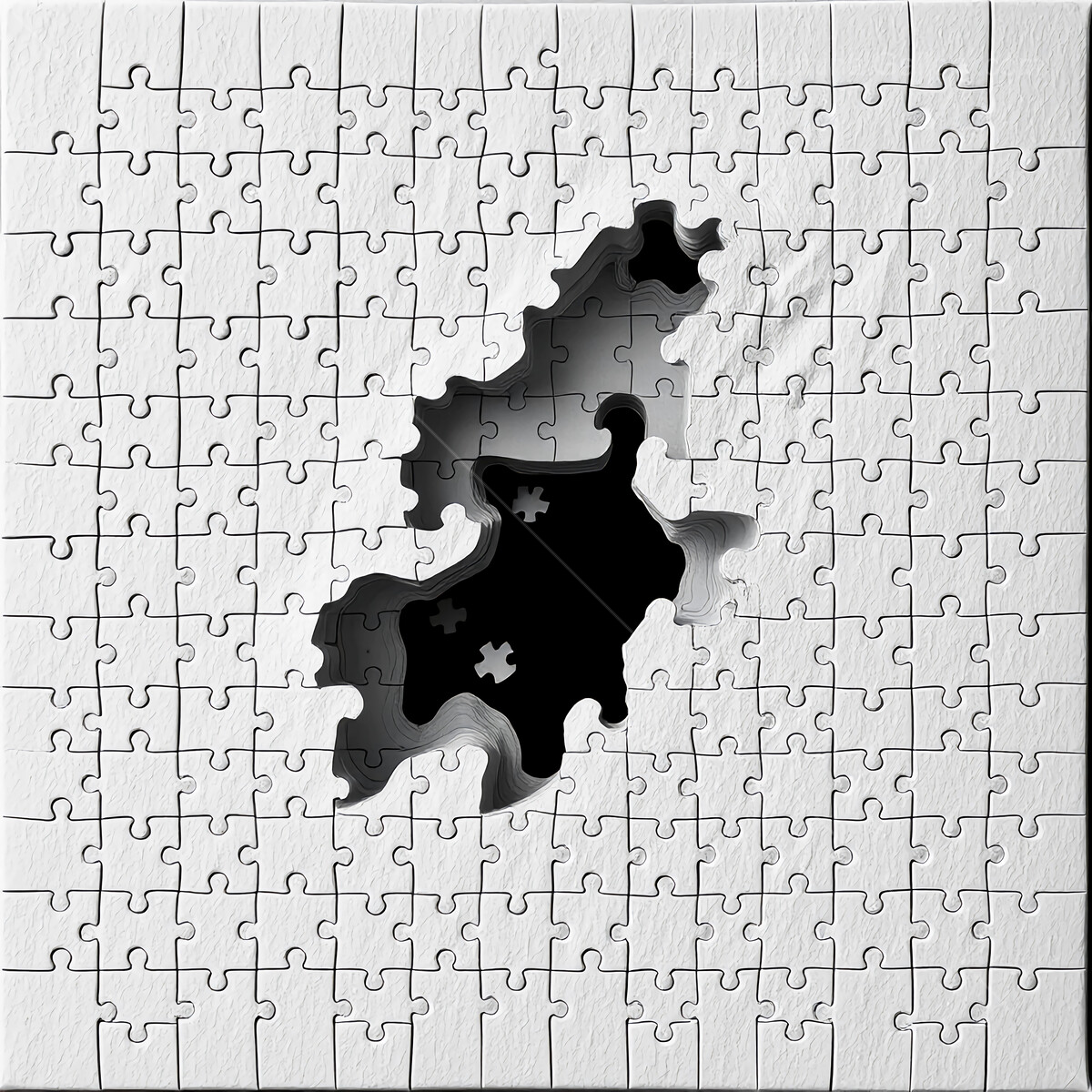 Puzzle pieces creating an intriguing void reflecting a journey of discovery and transformation