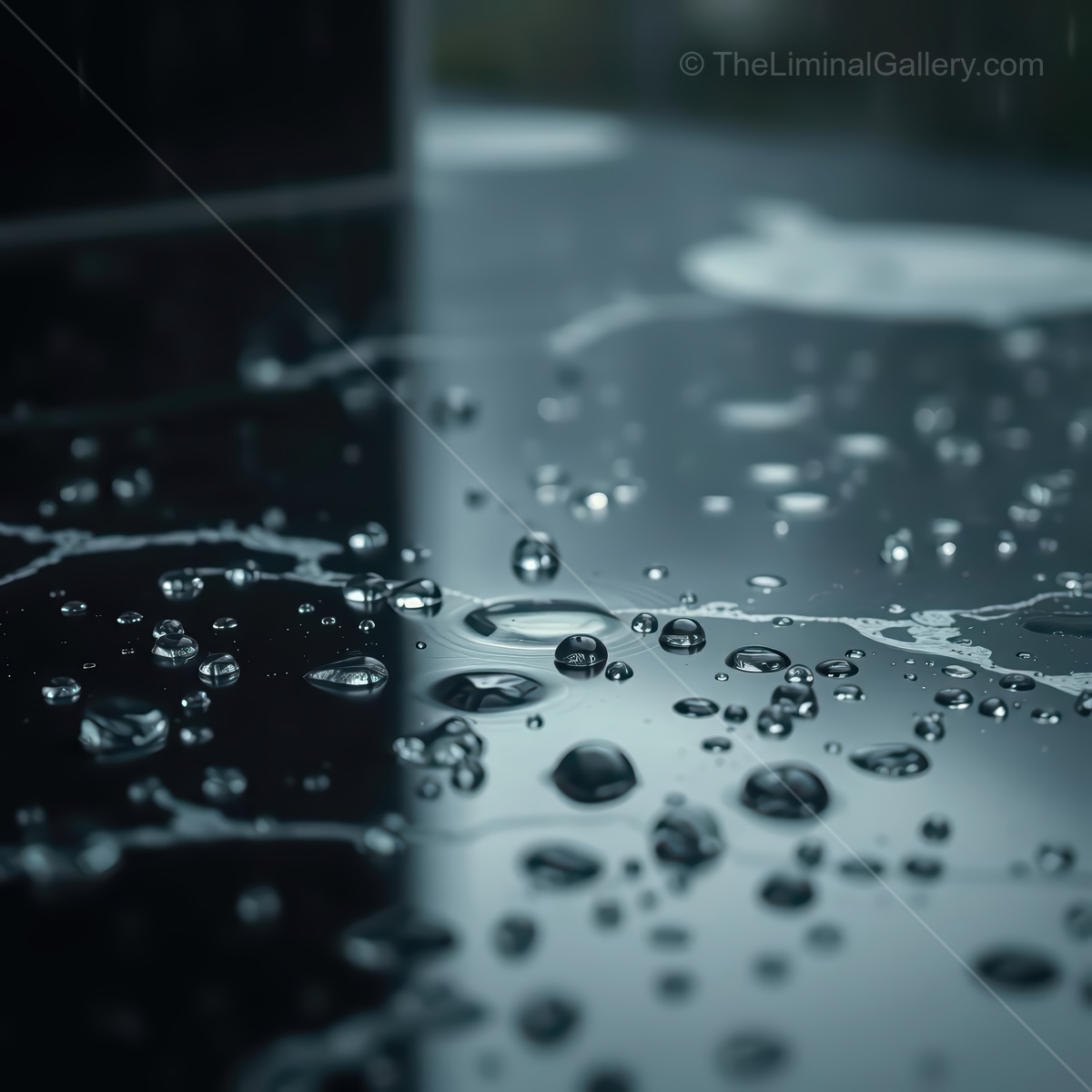 Raindrops on a sleek surface create a mesmerizing dance of reflections and textures in a serene environment