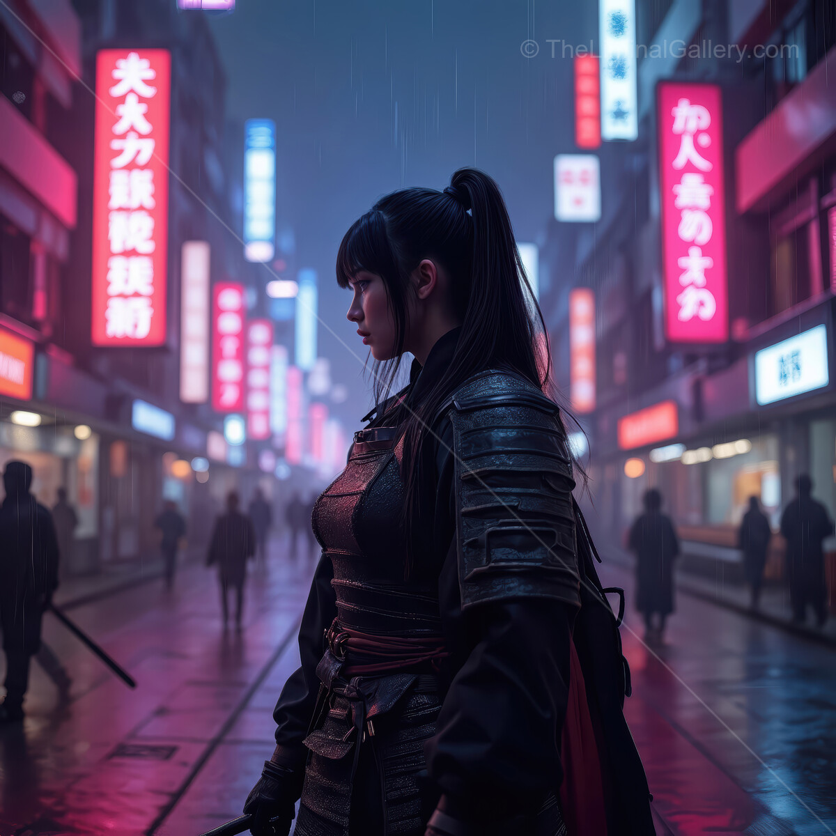 Mysterious warrior stands in neon-lit city streets during a rainy night