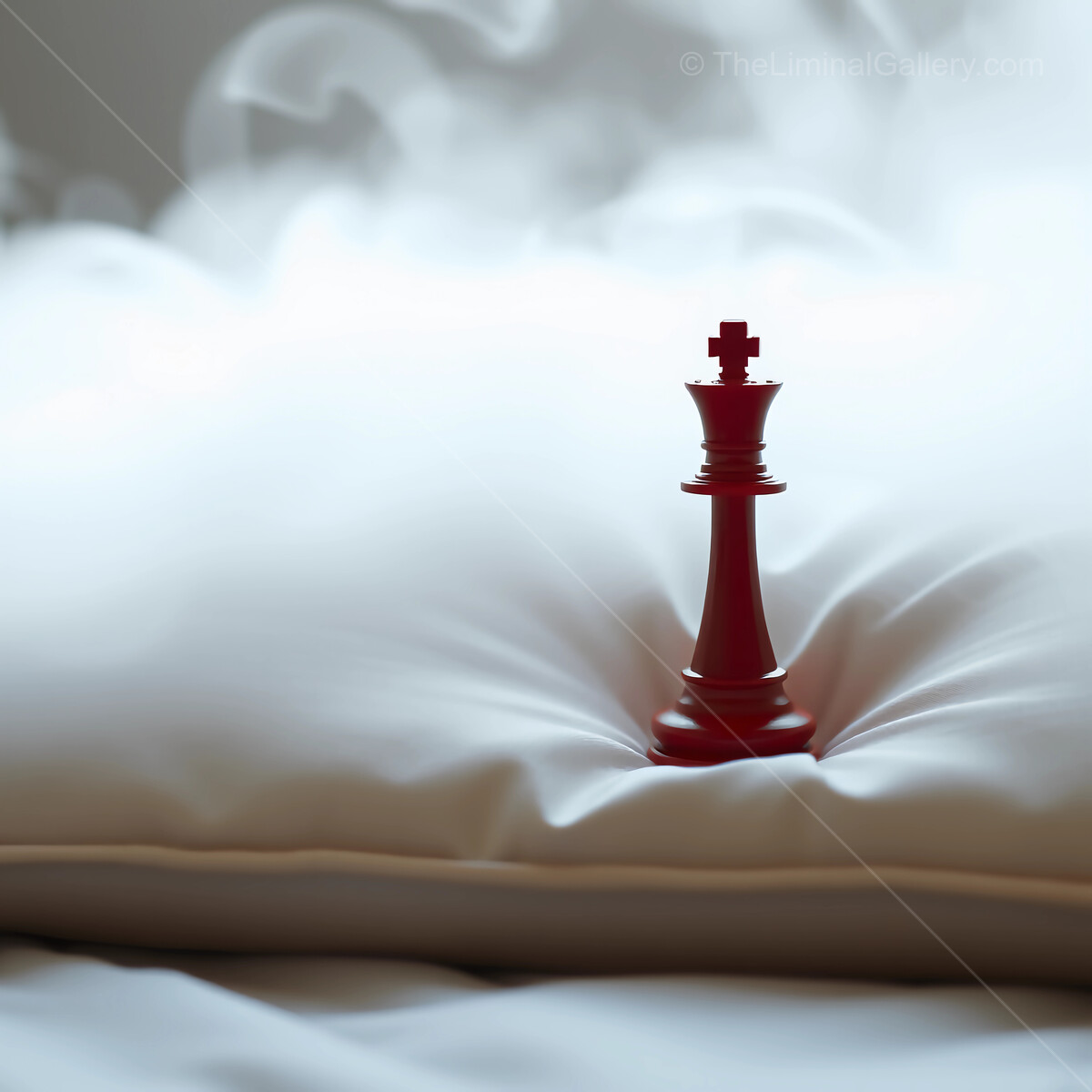 Red king chess piece resting on a fluffy pillow surrounded by soft wisps of fog