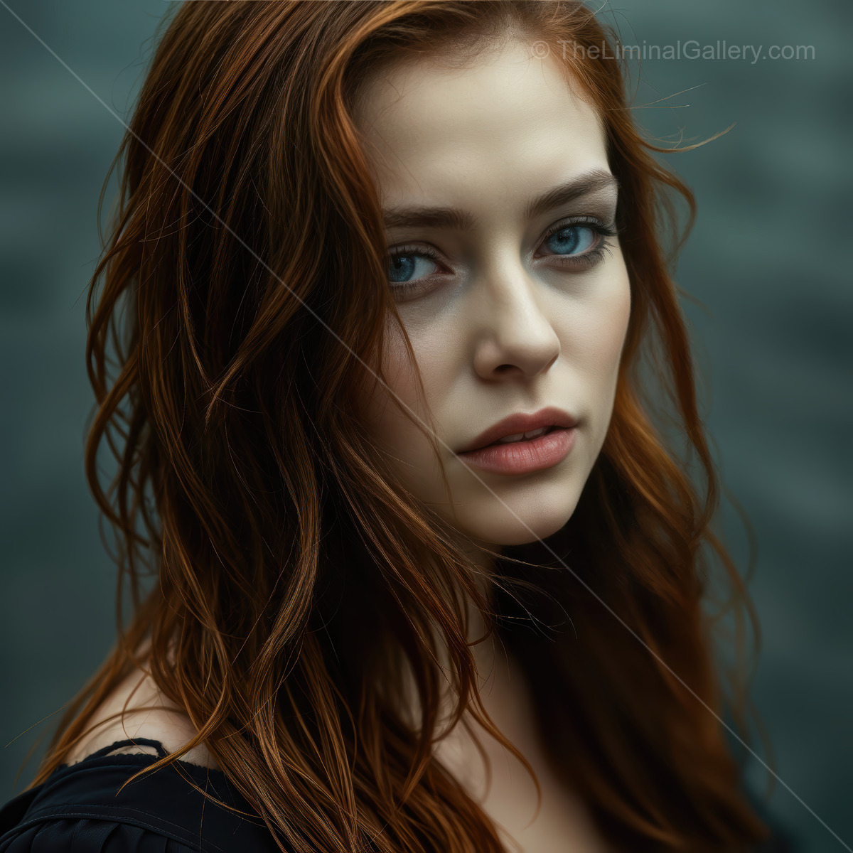 Close up portrait of a young woman with flowing red hair and striking blue eyes showcasing natural beauty in soft light