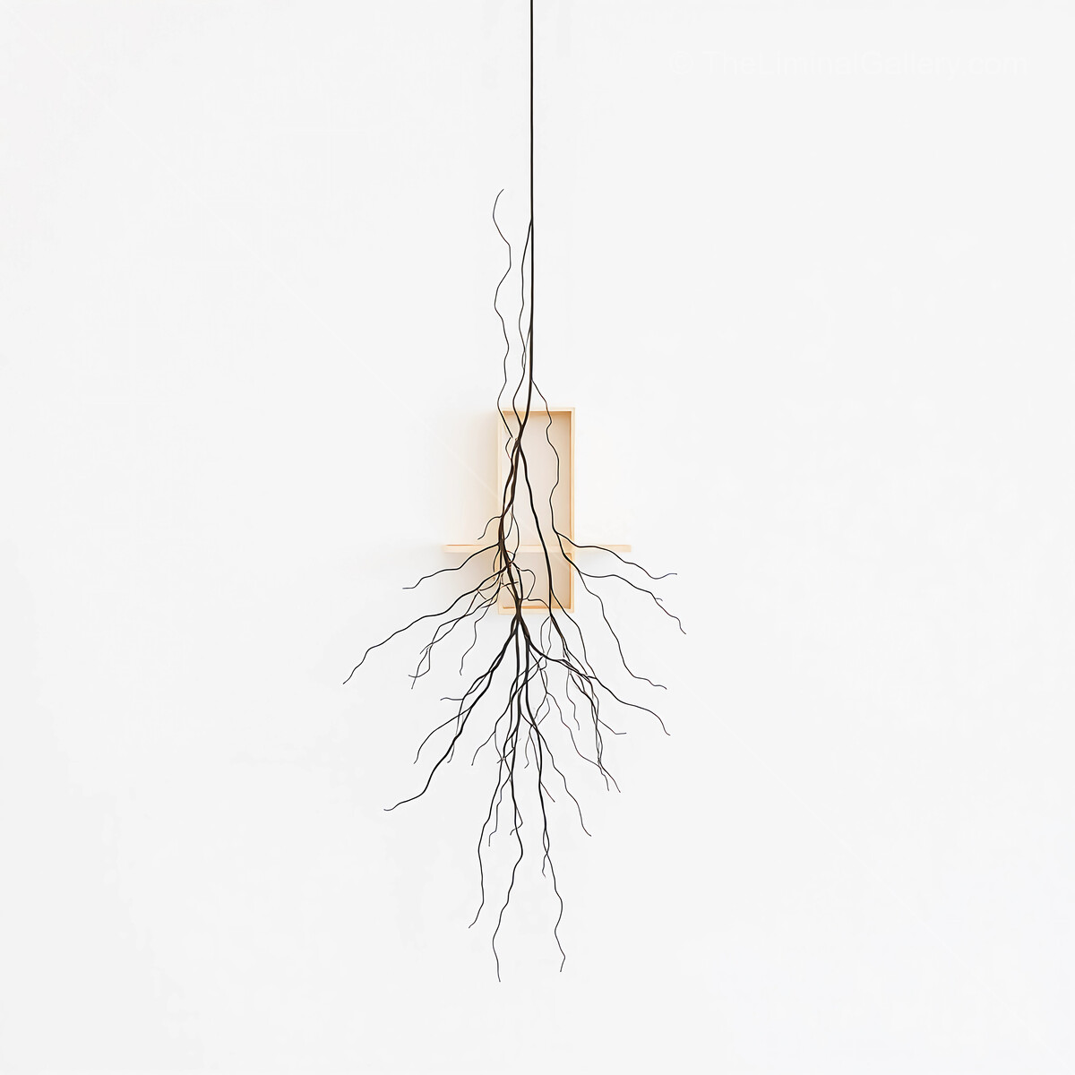 Artistic interpretation of roots emerging from a minimalist wooden frame in a serene indoor environment