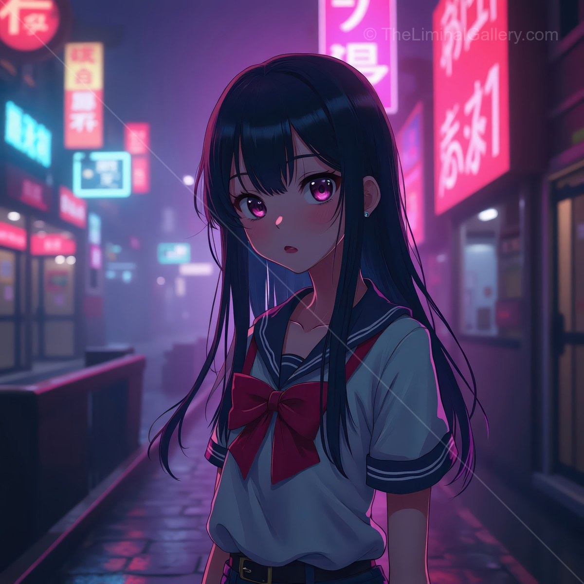 Girl in school uniform stands alone in neon-lit alley at night, capturing a moment of solitude and contemplation in a bustling city