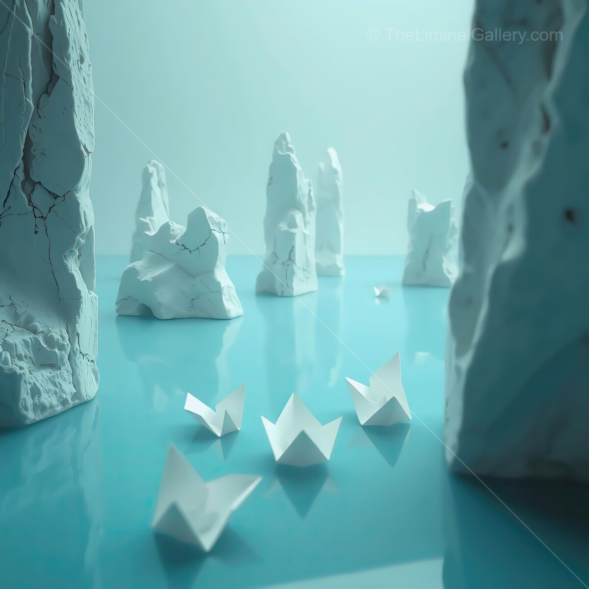 Sculptured tranquility emerges from crystalline waters in an ethereal landscape