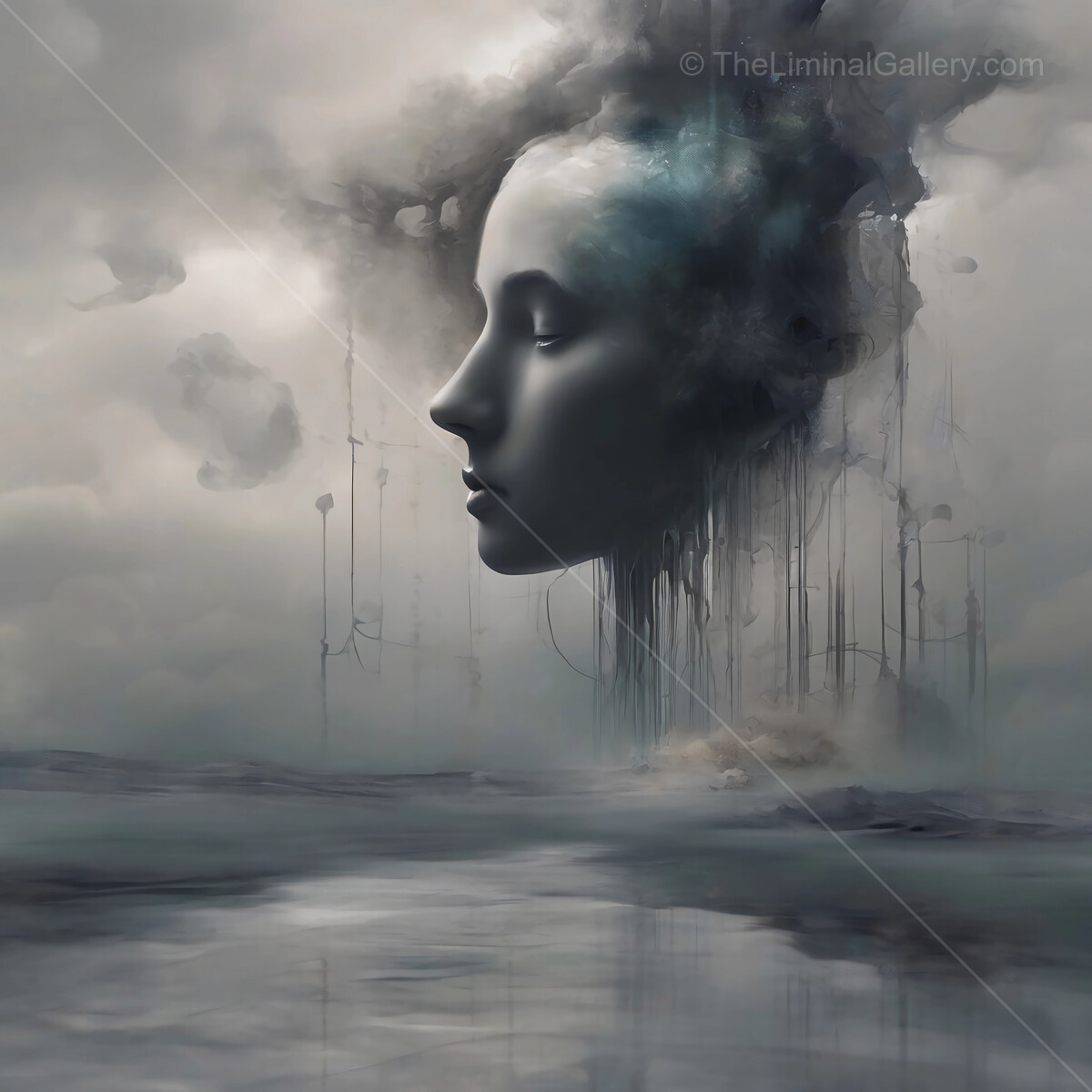 Ethereal silhouette emerges from a dreamlike landscape under a tranquil sky at dawn