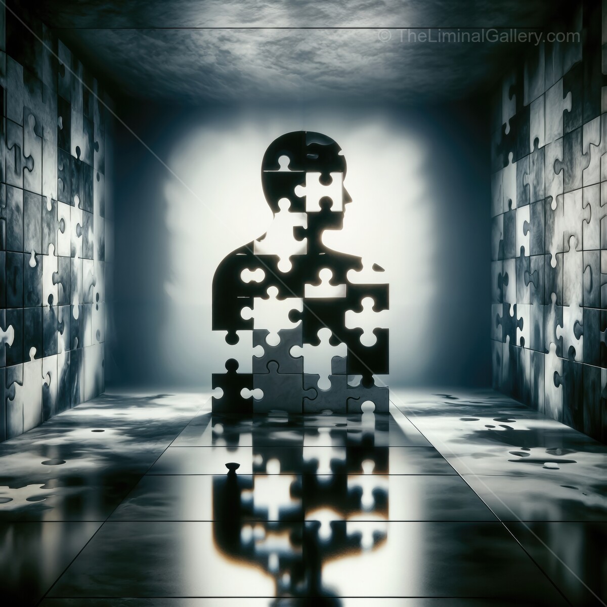Mysterious silhouette composed of puzzle pieces reflecting on a glossy floor in a dimly lit room