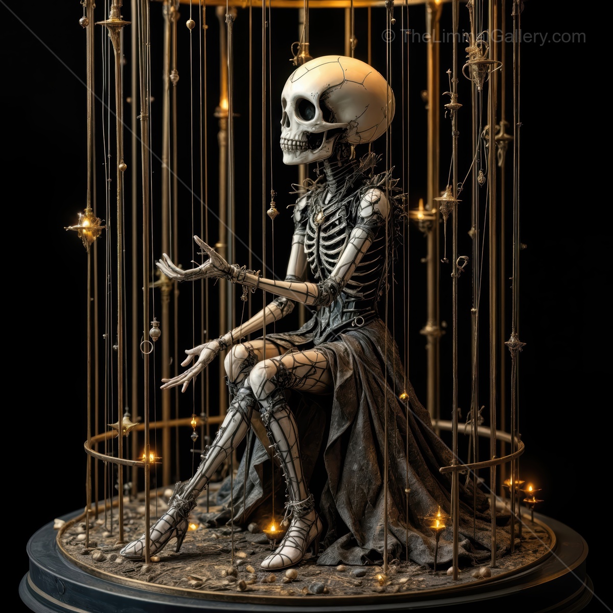 Beautiful skeleton figure in a delicate cage surrounded by soft glowing lights, portraying a mystical scene of art and elegance
