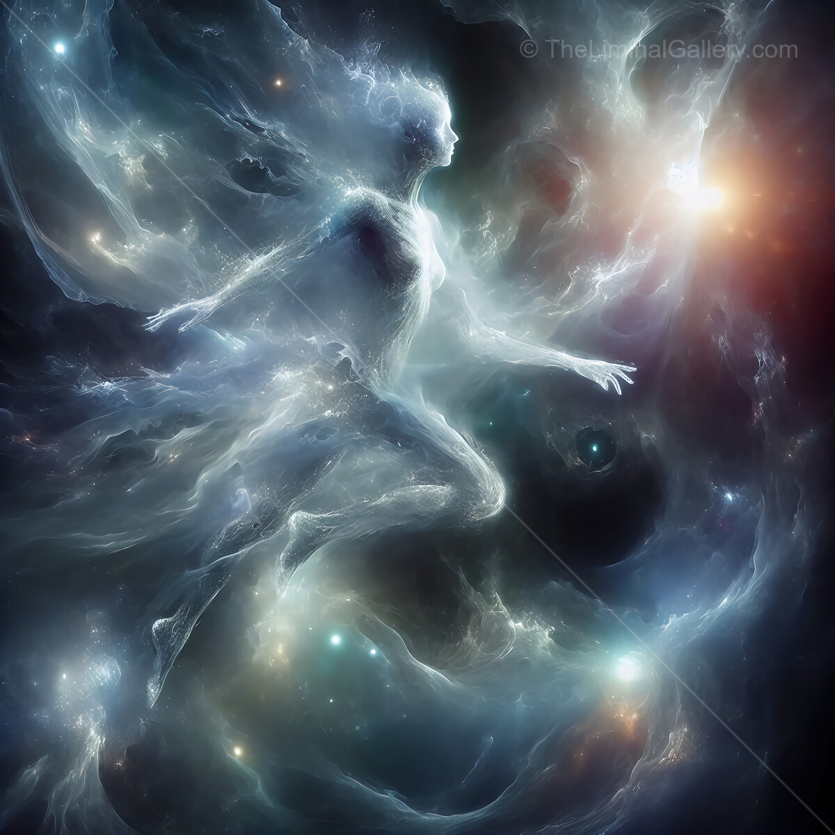 Ethereal spirit dances among the cosmic clouds, embodying the essence of light in a vibrant stellar landscape at dusk
