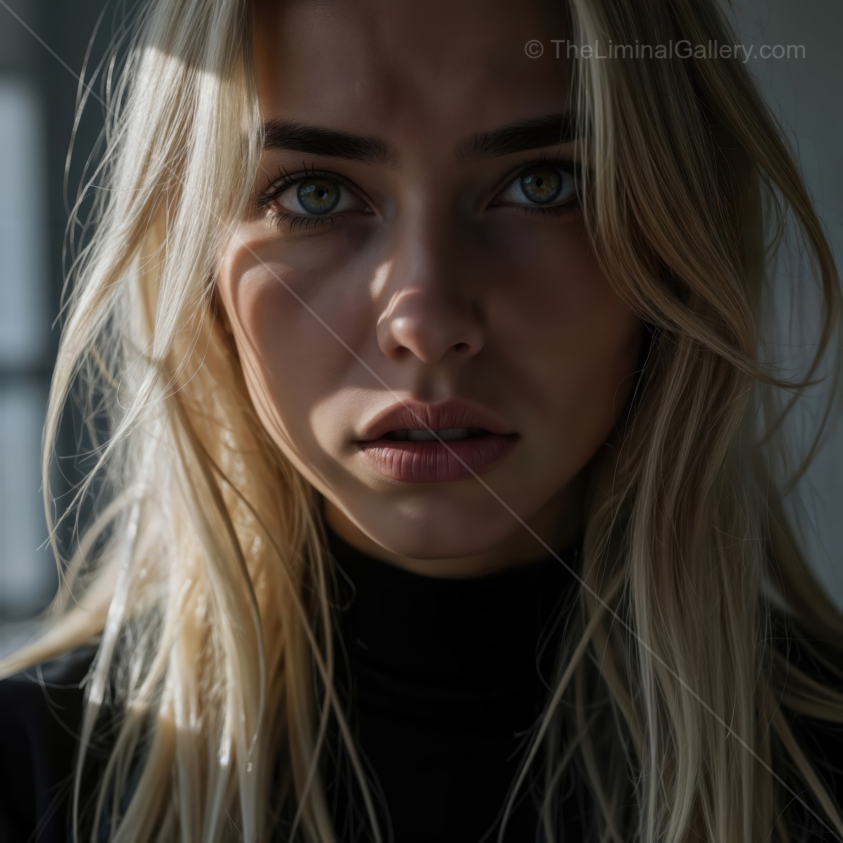 Capturing raw emotion in a sunlit space with striking shadows and a contemplative expression