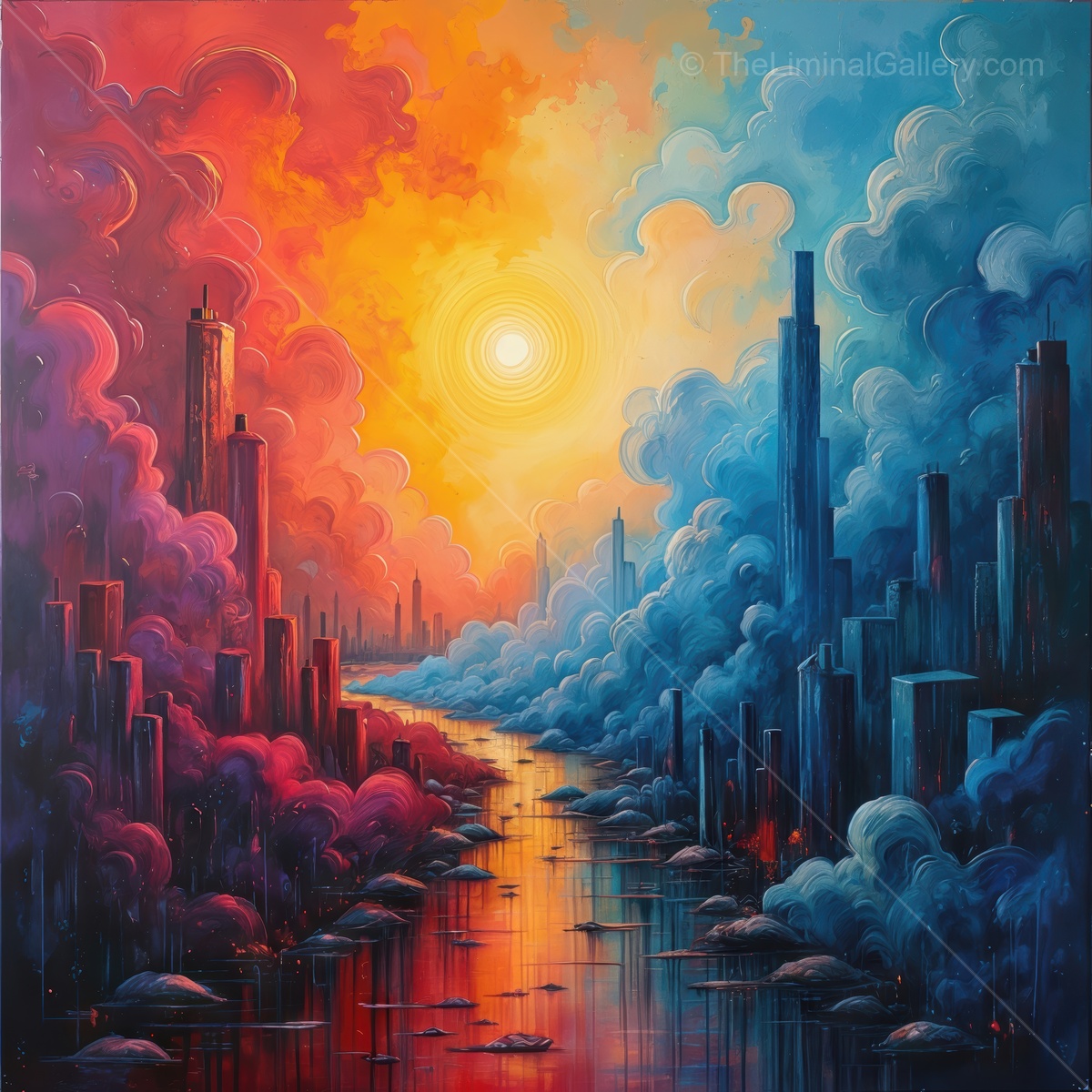 Vibrant cityscape at sunset filled with colorful clouds and reflections in a tranquil river