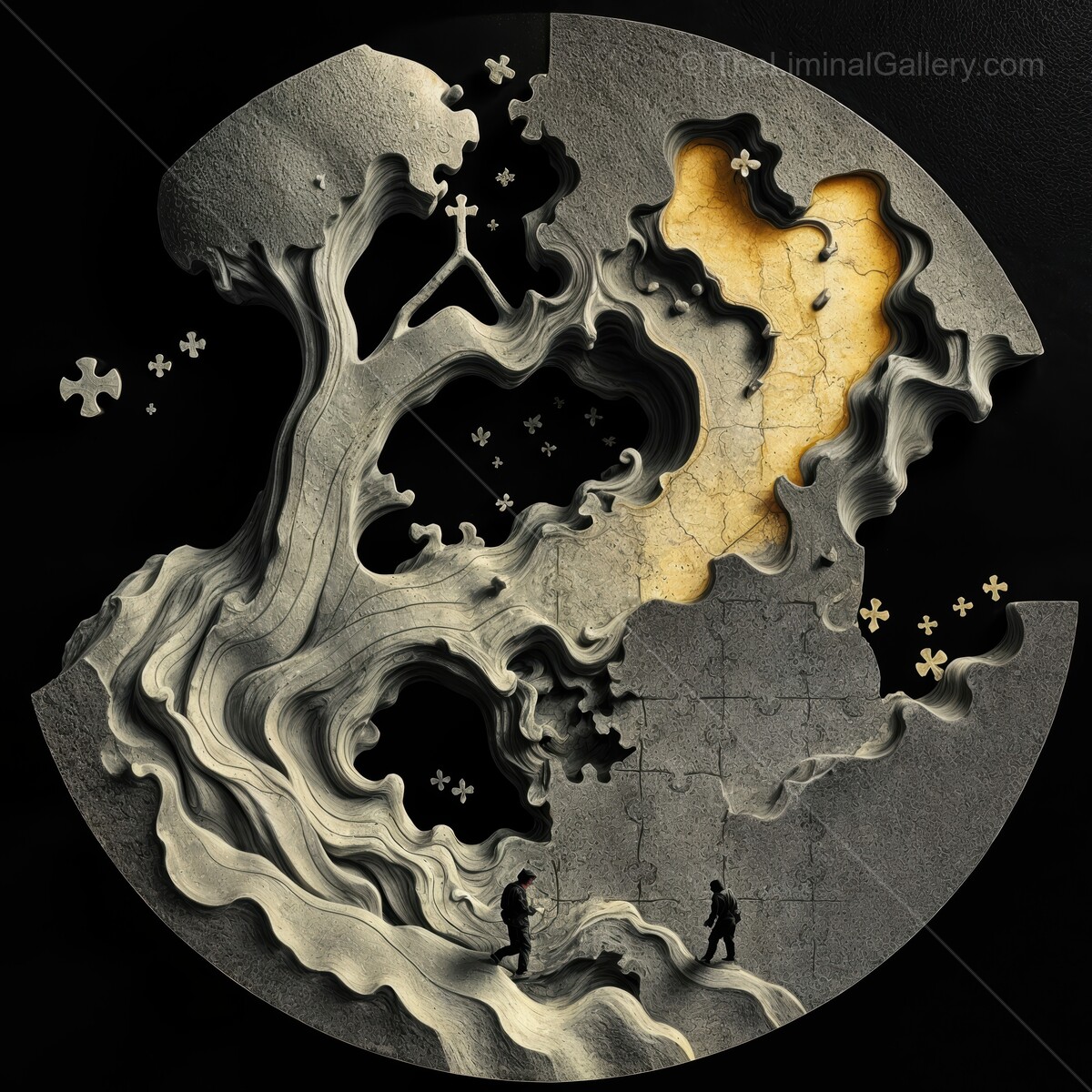 Intricate puzzle art depicts surreal tree landscape with figures exploring a world of mystery and imagination