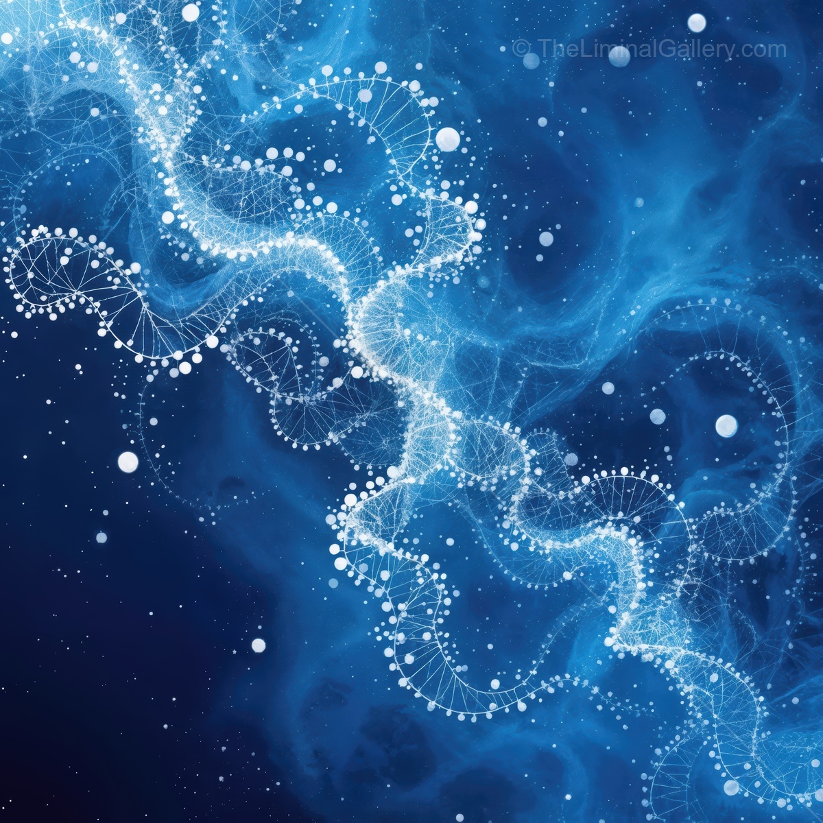 Swirling blue and white patterns create a mesmerizing cosmic scene with an ethereal glow and a sense of depth in sparkling space