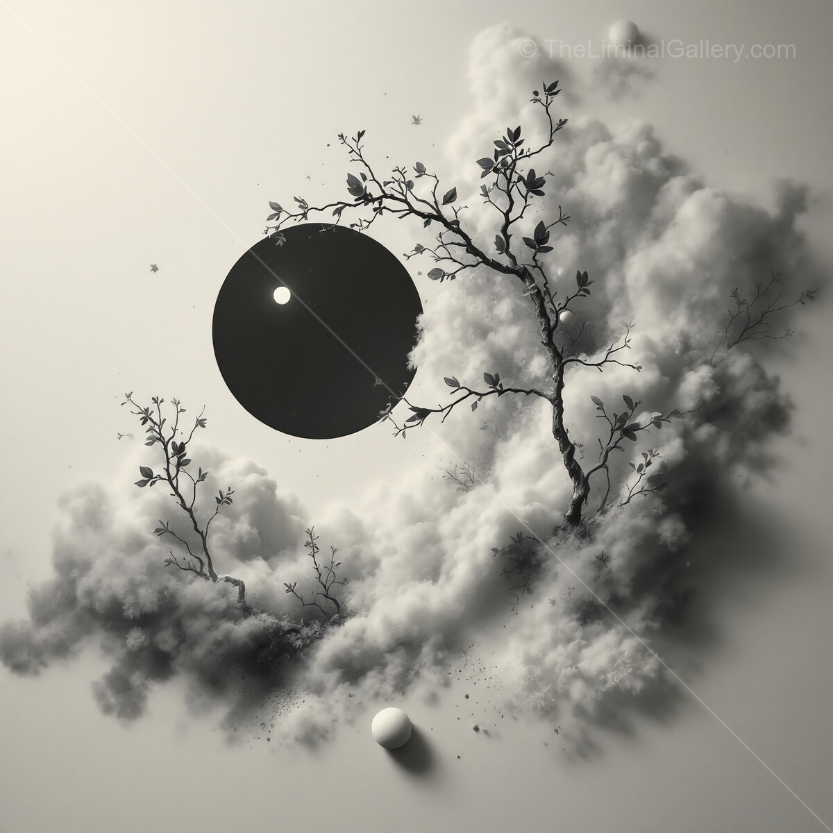 Mysterious landscape with swirling clouds and a dark orb under a bright sun