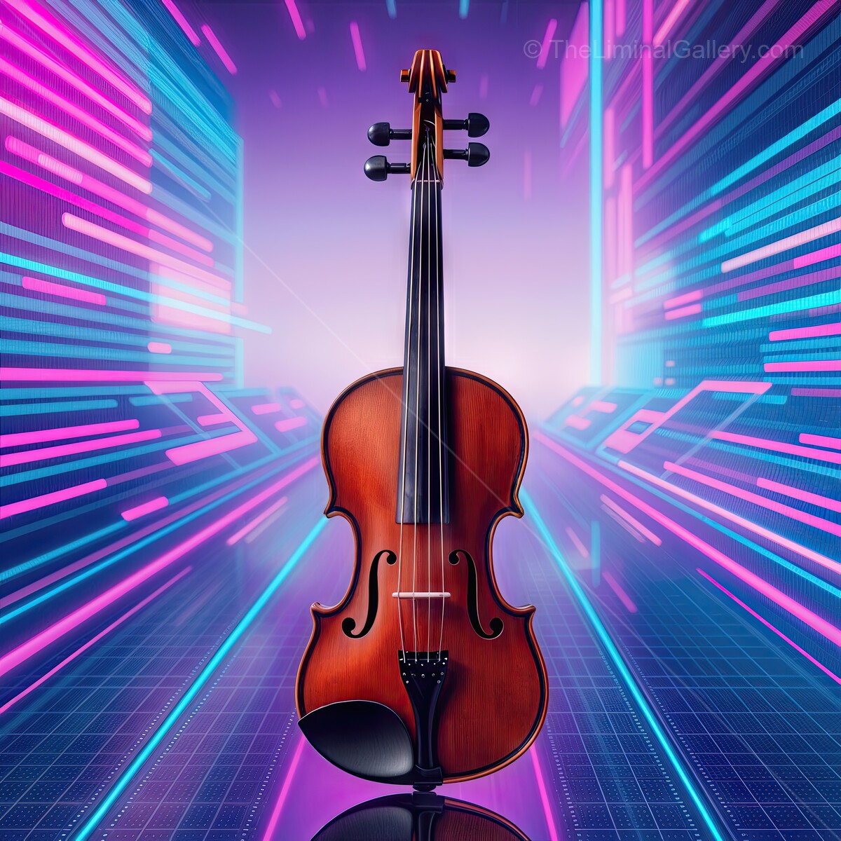 Vibrant synthwave violin stands out against a neon backdrop in a futuristic digital landscape