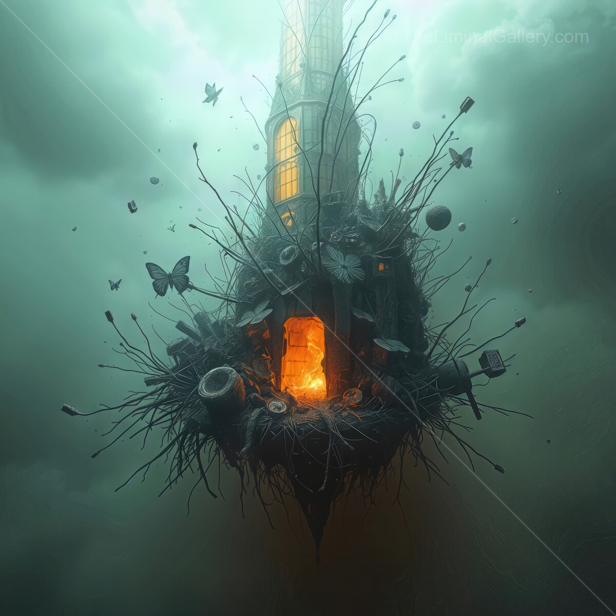 Tower surrounded by swirling mist and surreal decay glows with orange light at twilight
