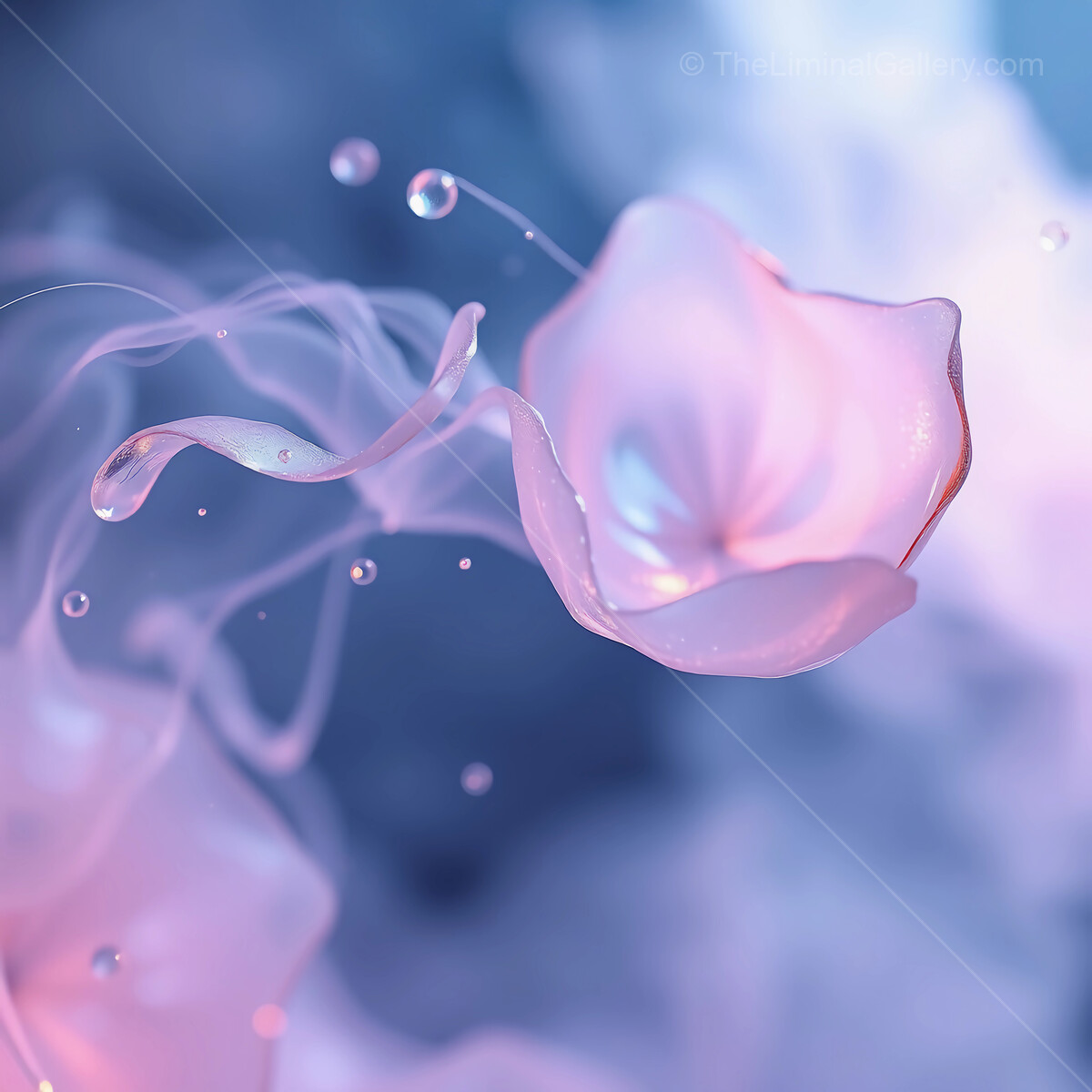 Delicate pink flower with translucent petals floating amidst ethereal misty background