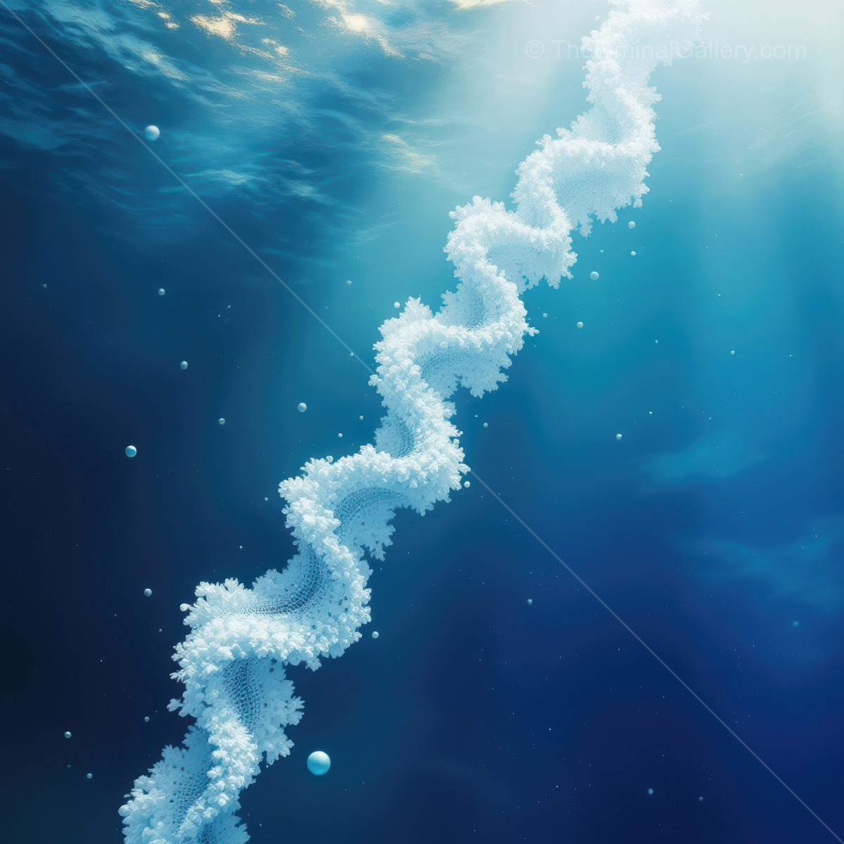 Underwater scene reveals a twisting structure resembling a molecular chain in deep blue waters