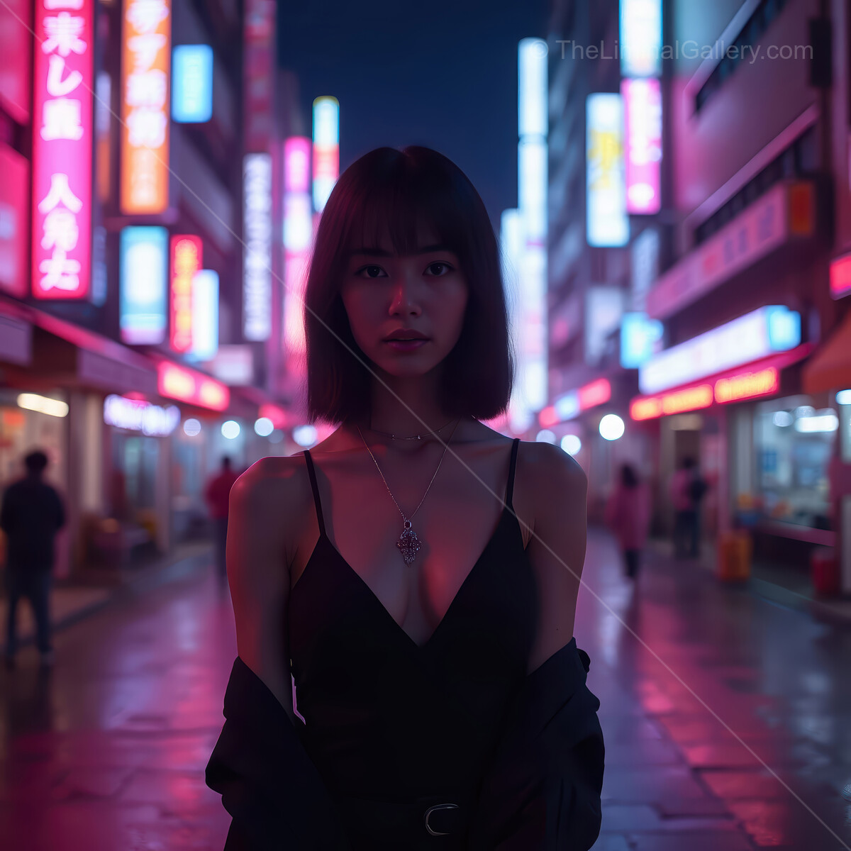 Charming urban wanderer illuminates the vibrant streets under neon lights during a captivating evening