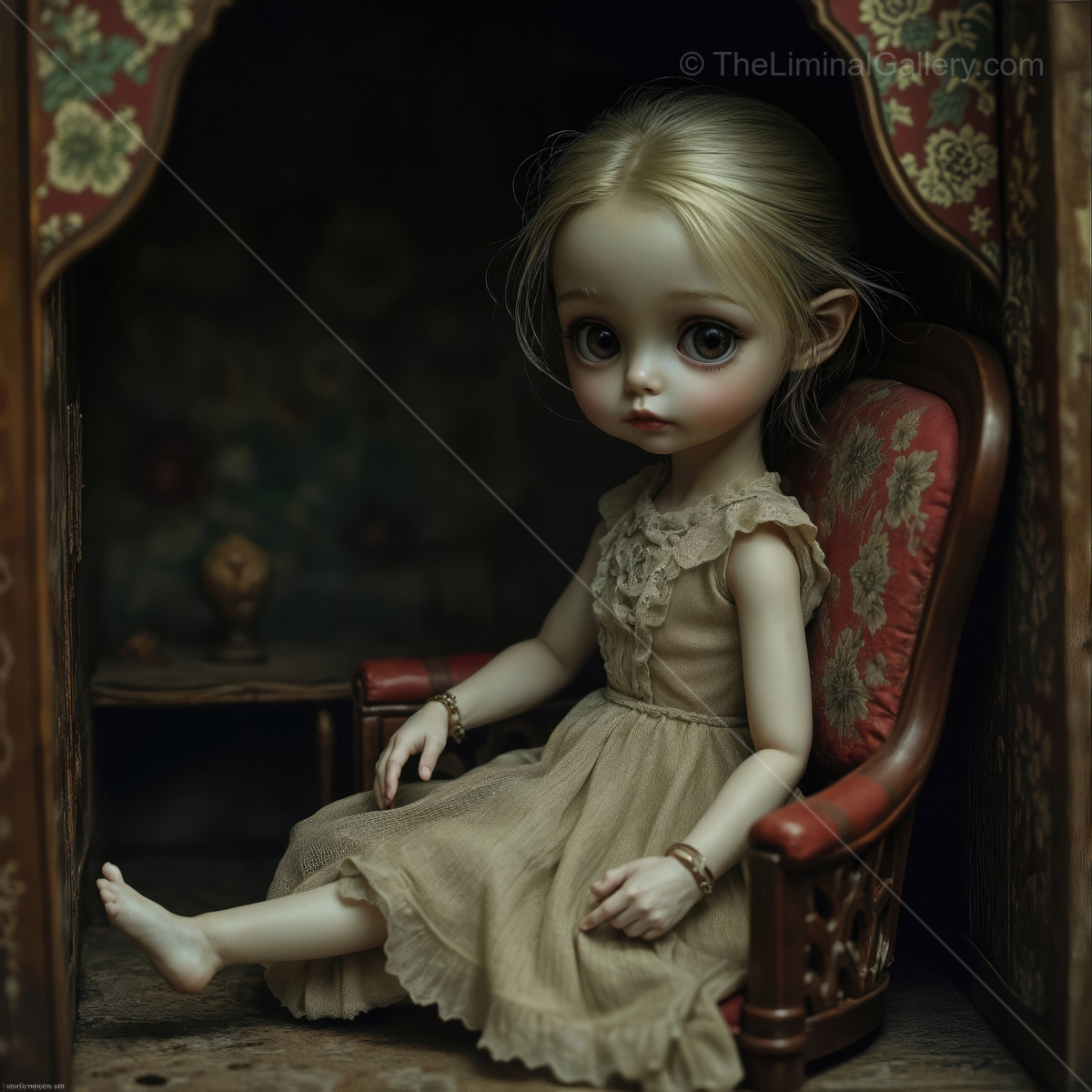 Enigmatic doll in a vintage setting, quietly observing from her ornate chair