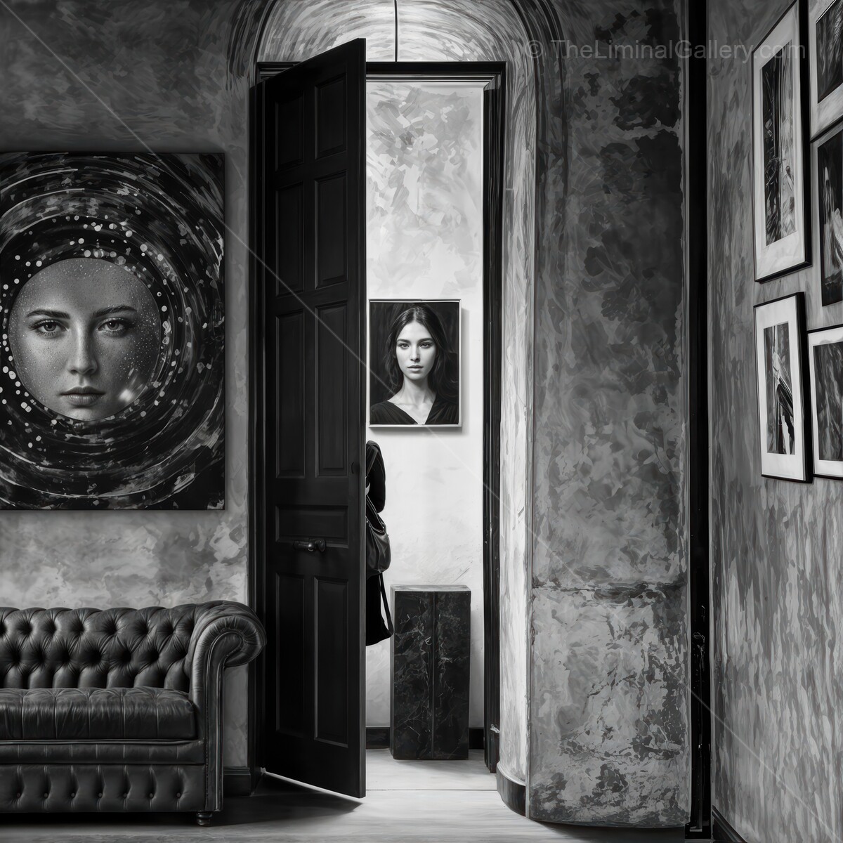 Artistic exploration in a vintage gallery with intriguing portraits and elegant furnishings in black and white tones