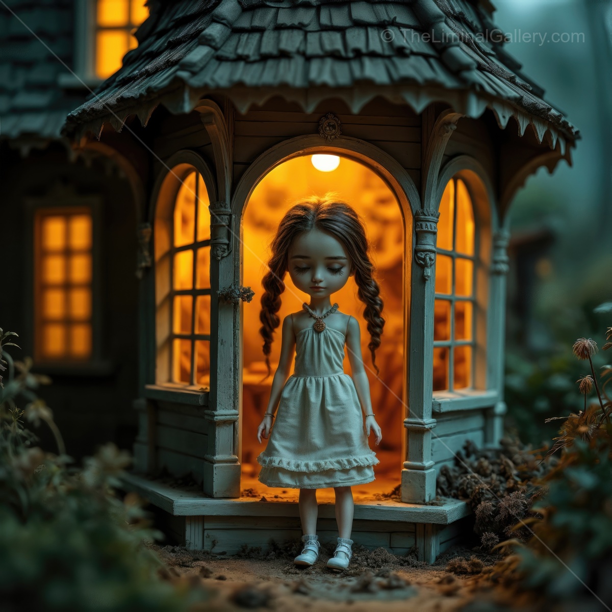 Enchanted evening at the whimsical cottage with a girl in a white dress