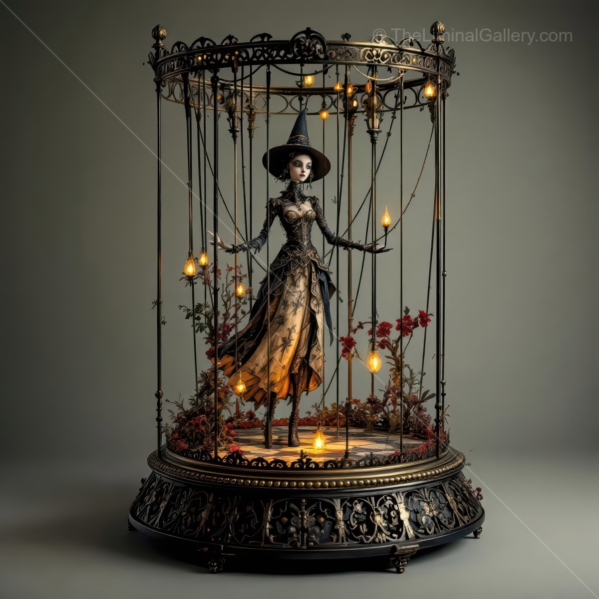 Enchanted witch doll in ornate cage surrounded by glowing lights and blooming flowers at night