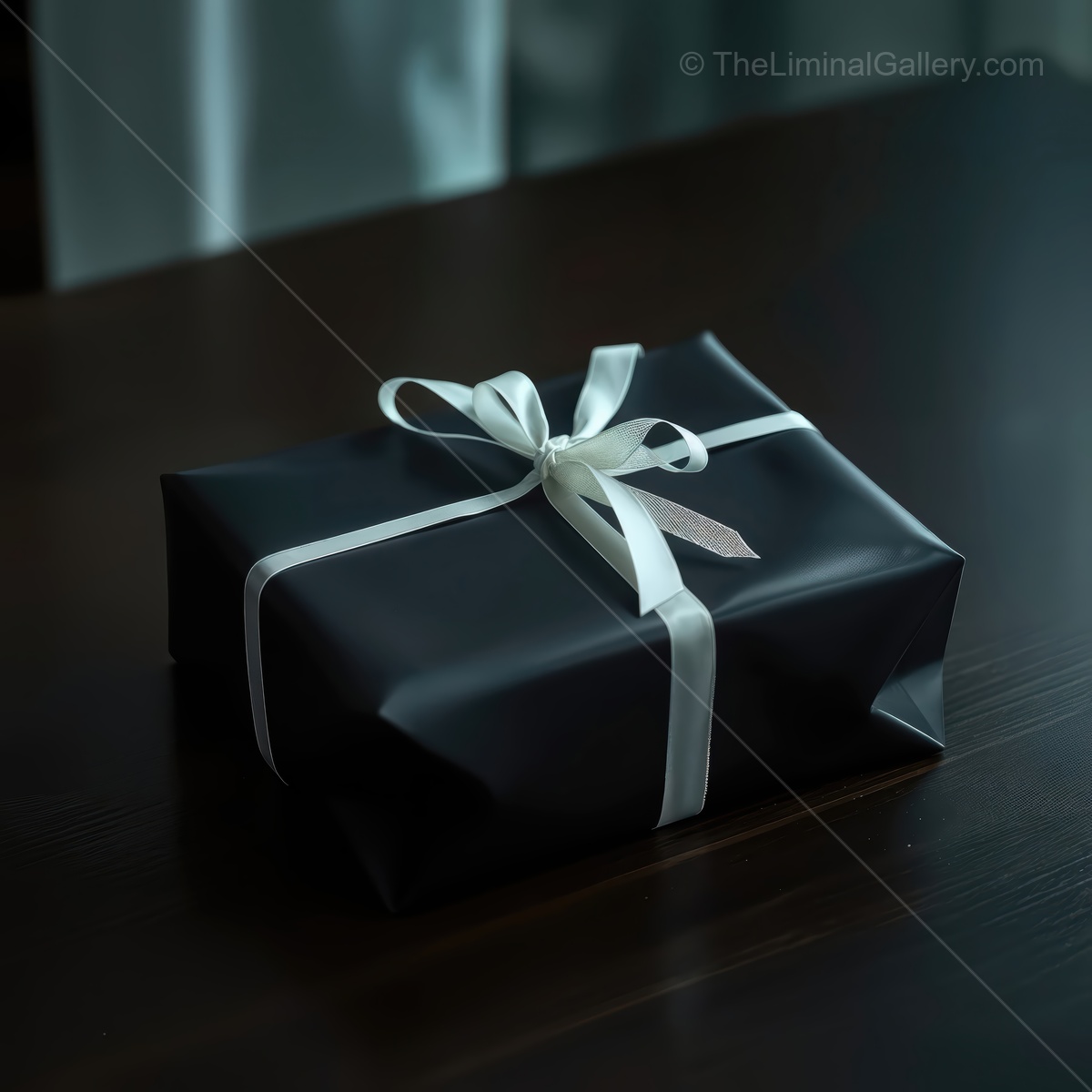 Wrapped gift resting on a wooden table creating an elegant atmosphere