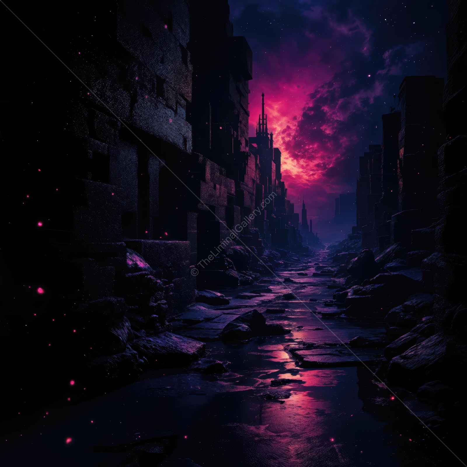 Mystical ruins illuminated by vibrant skies at dusk in a forgotten city landscape