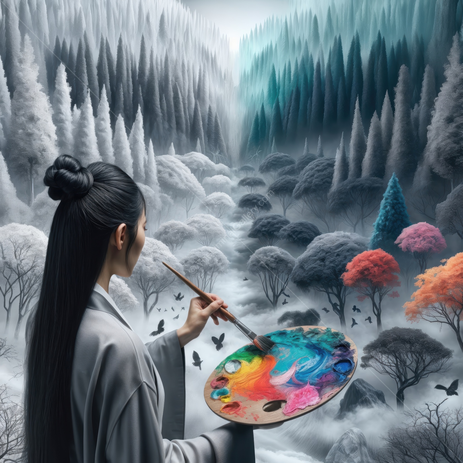 Creative artist paints a vibrant landscape in a serene, mystical forest surrounded by colorful trees and swirling fog