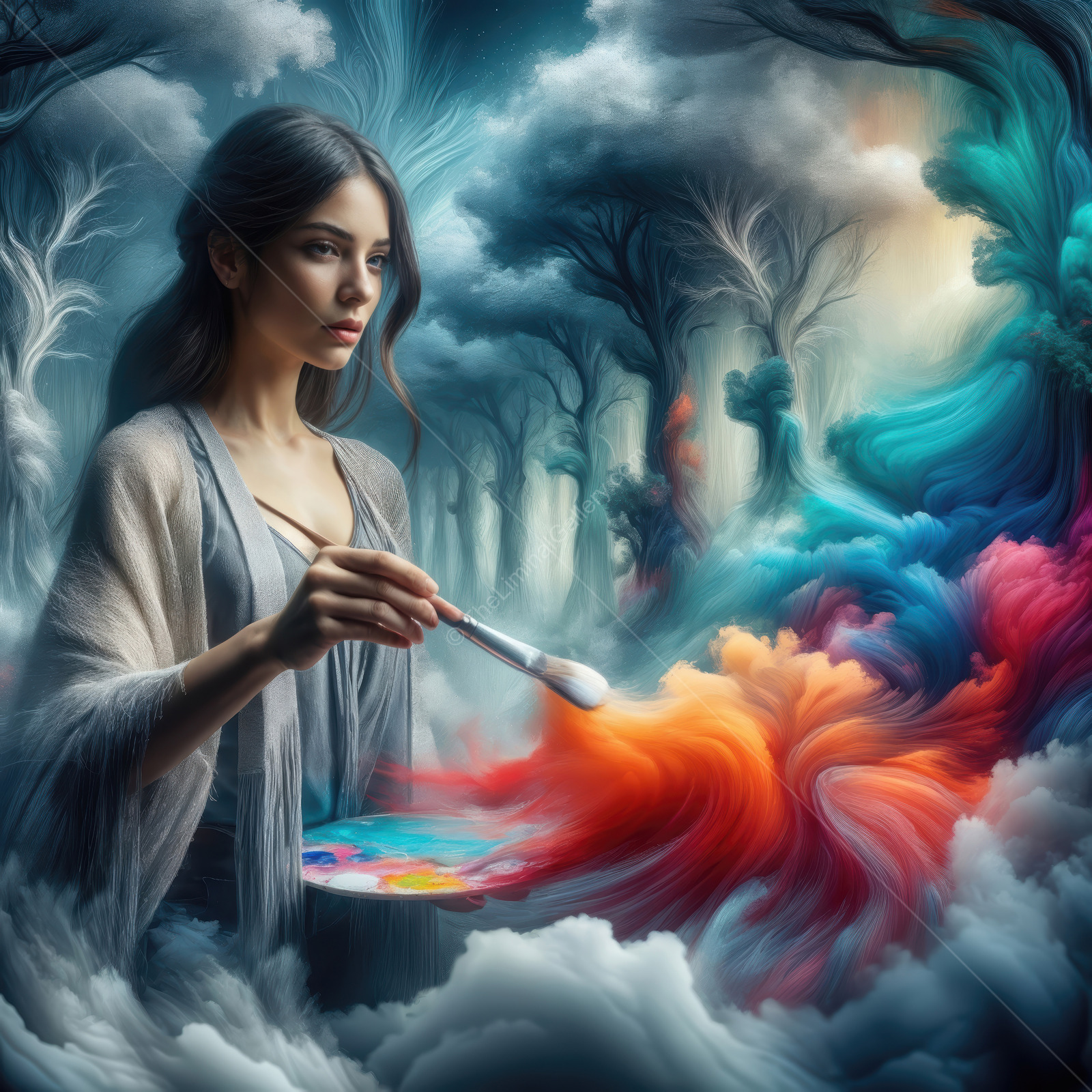 Creative artist blends colors into dreamlike landscape amidst swirling clouds and vibrant trees