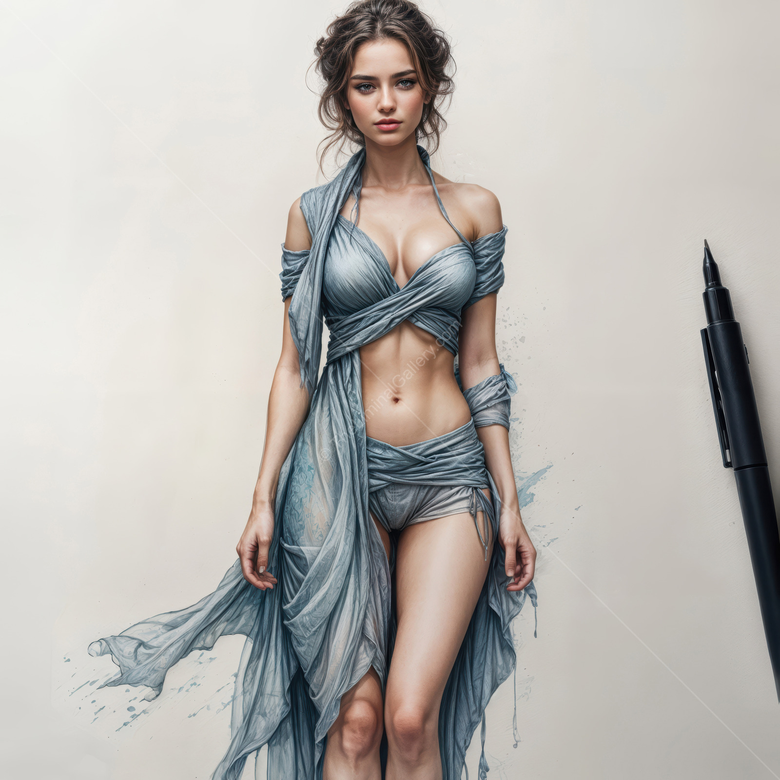 Artistic interpretation of a young woman in flowing attire, blending reality and creativity on a canvas