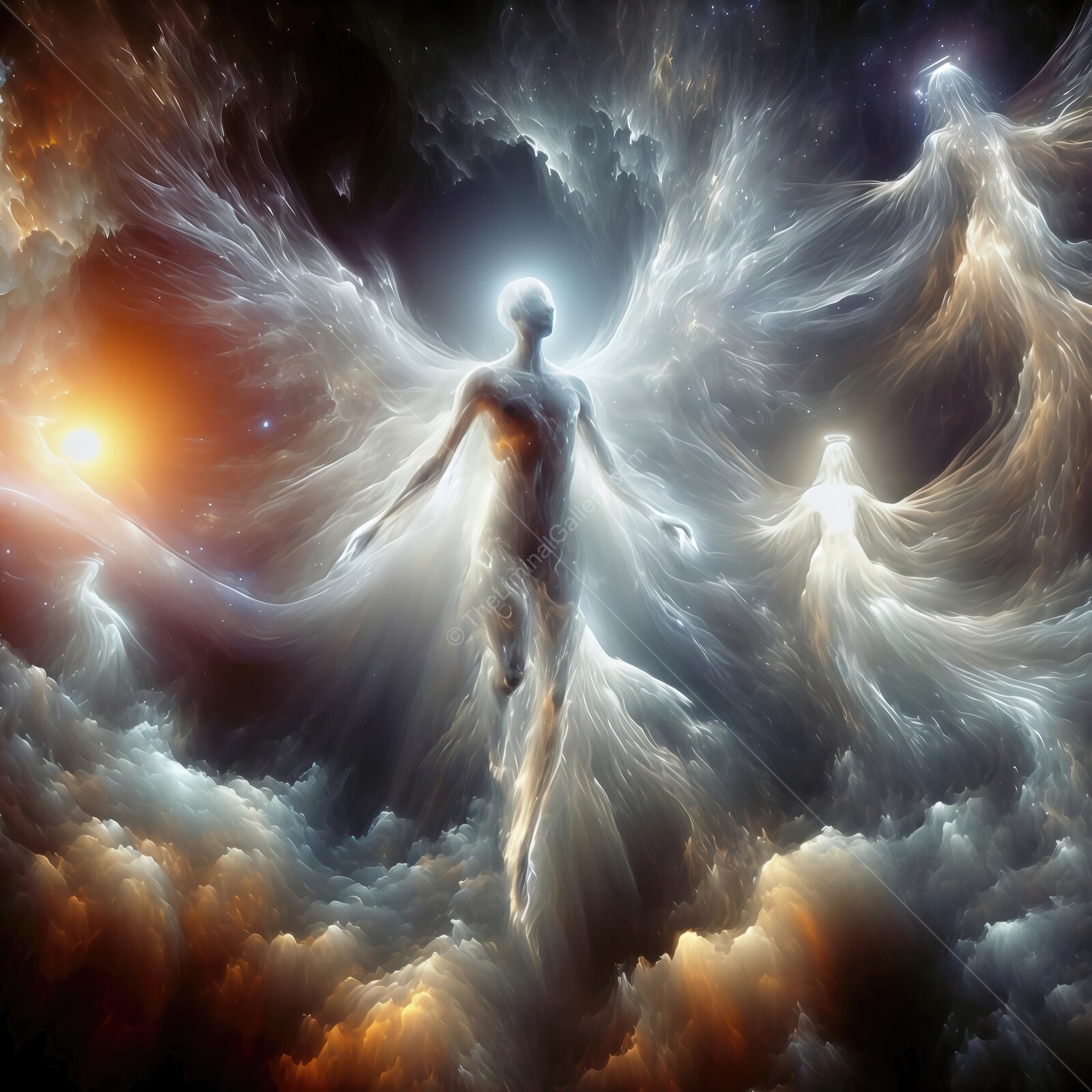 Celestial figures rise amidst swirling cosmic clouds illuminated by distant stars