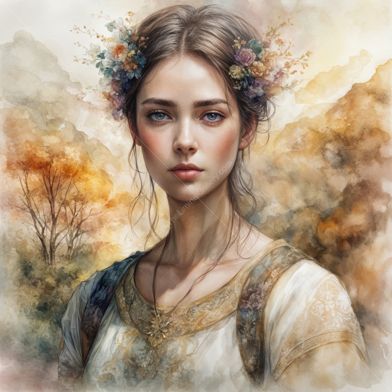 Stunning portrait of a young woman adorned with flowers in a tranquil forest setting during autumn