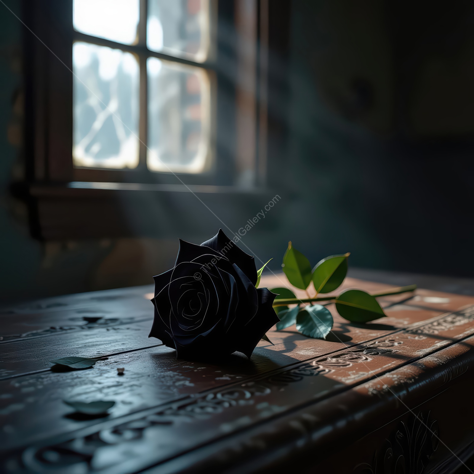 Dark beauty of a black rose resting on an antique table in a sunlit, dusty room by the broken window