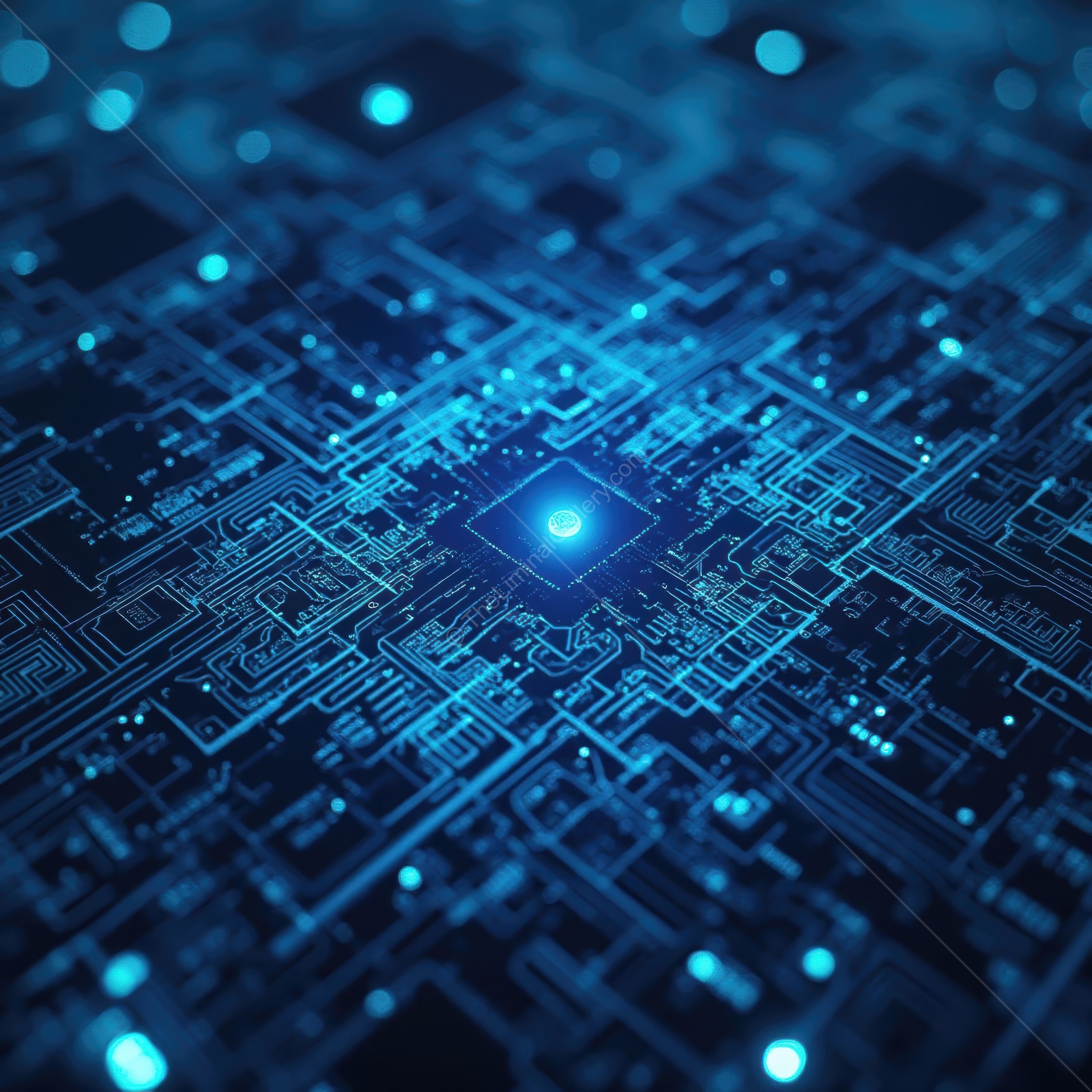 Discovering the intricate beauty of a digital circuit board glowing in deep blue tones at night