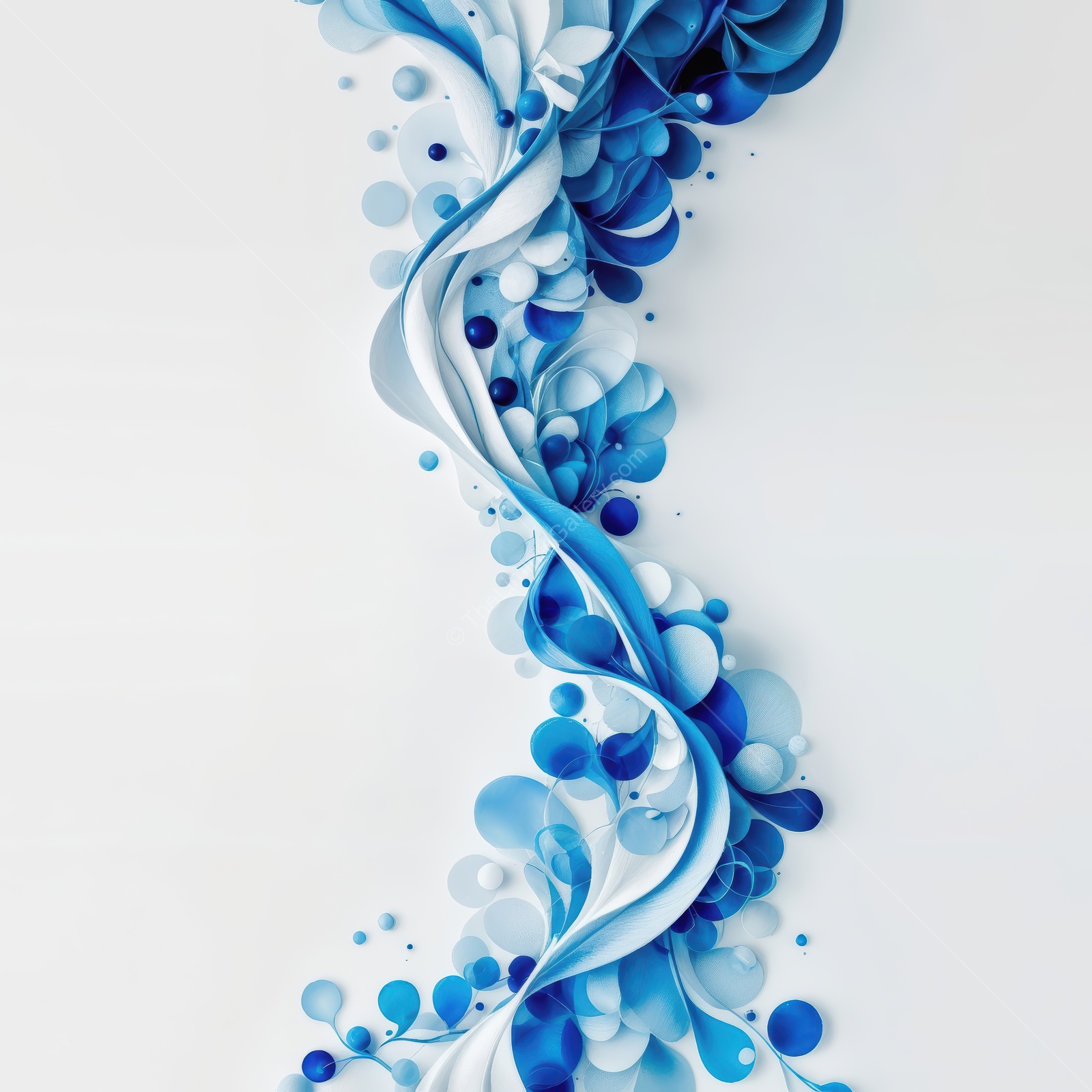 Intricate blue swirl of paper design brings life to a minimalist backdrop in a creative art studio