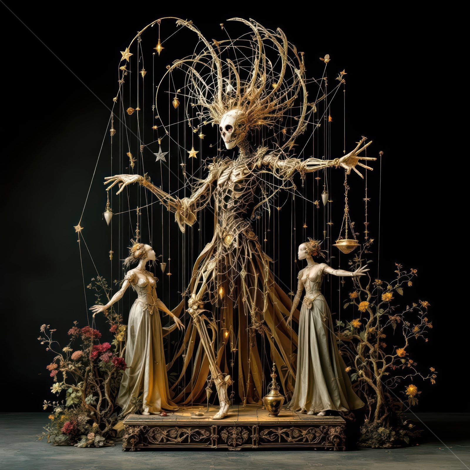 Majestic figure made of branches and bones holds scales while two ethereal beings stand nearby in an enchanting display of artistry and nature