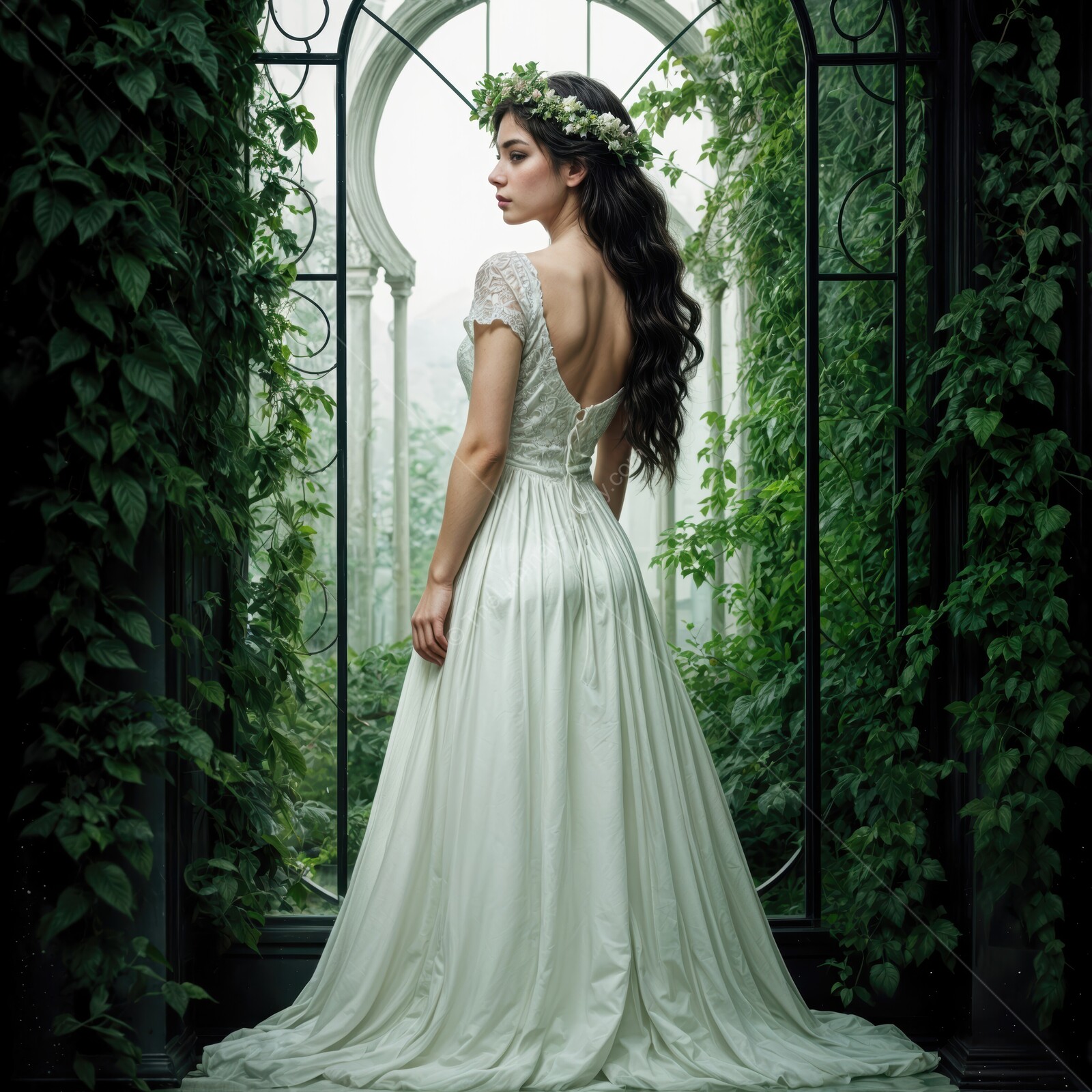 Elegantly draped in delicate white, a bride stands surrounded by lush greenery in a mystical garden setting