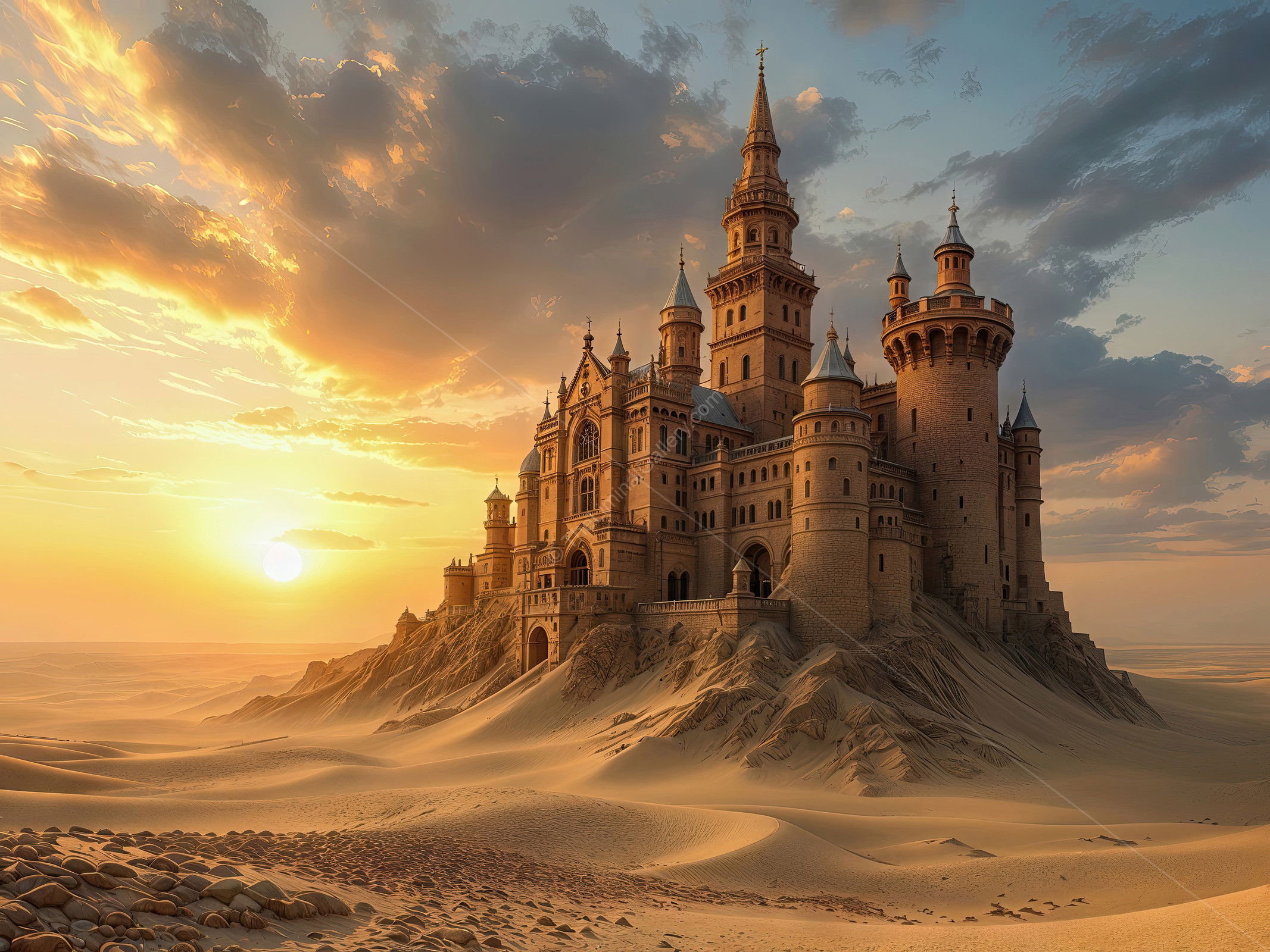 Majestic castle rising from golden sands at sunset captured in a captivating landscape