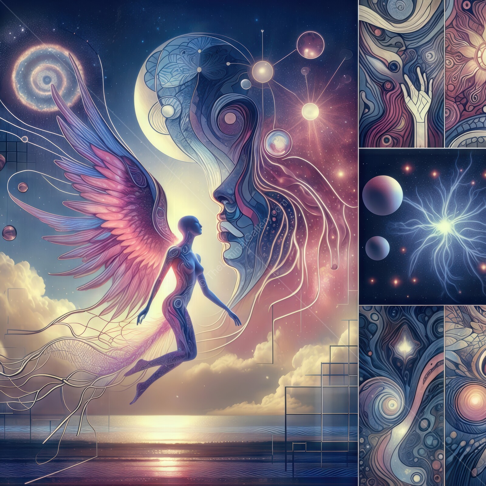 Celestial beings dance in harmony under the cosmic tapestry of vibrant colors at twilight