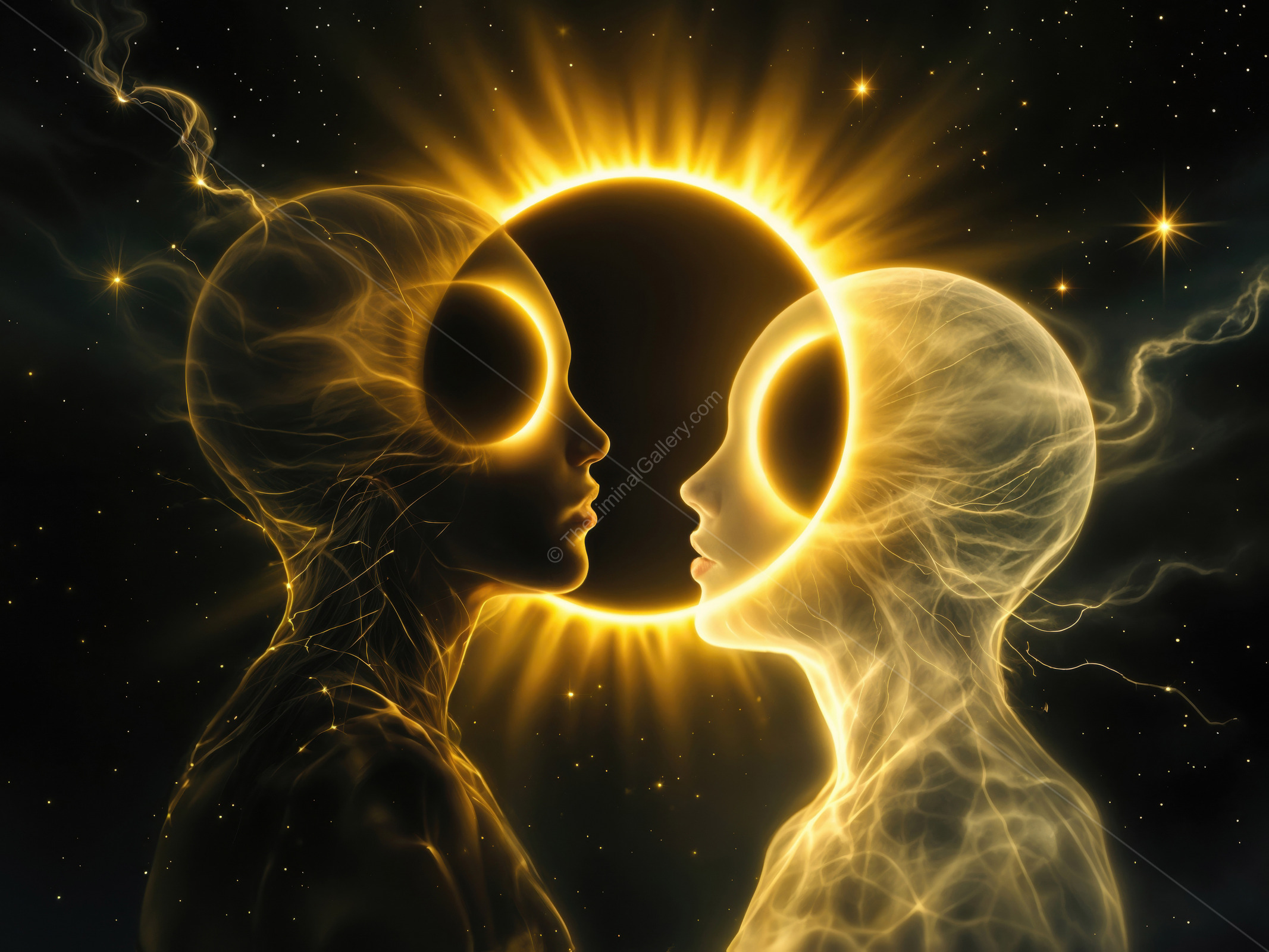 Two ethereal figures share a moment of connection during a cosmic solar eclipse, surrounded by celestial energy