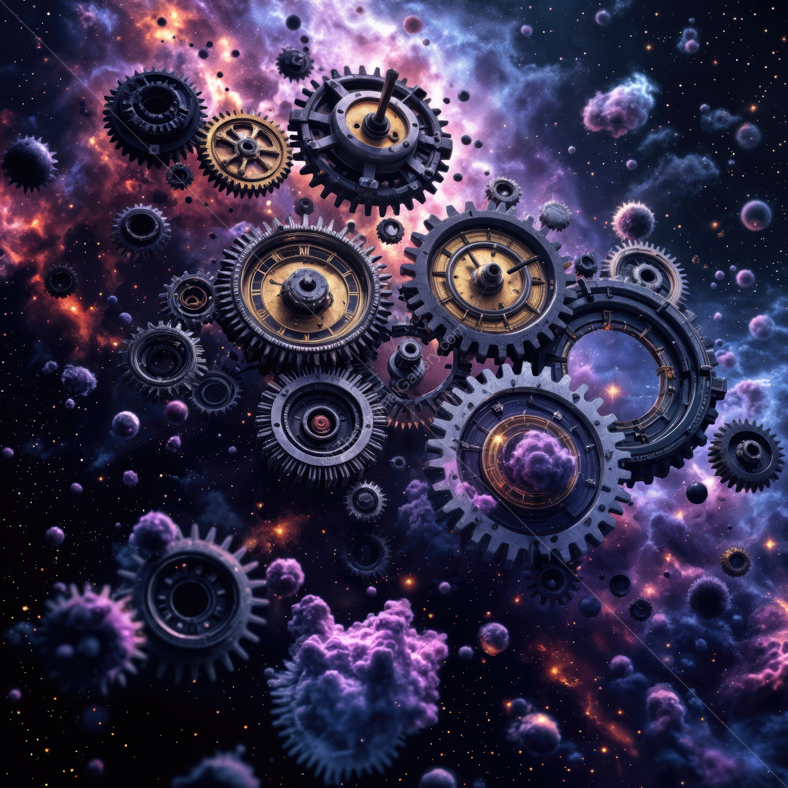 Gears of the cosmos spin through a vibrant galaxy filled with stars and colorful nebulae at the edge of the universe