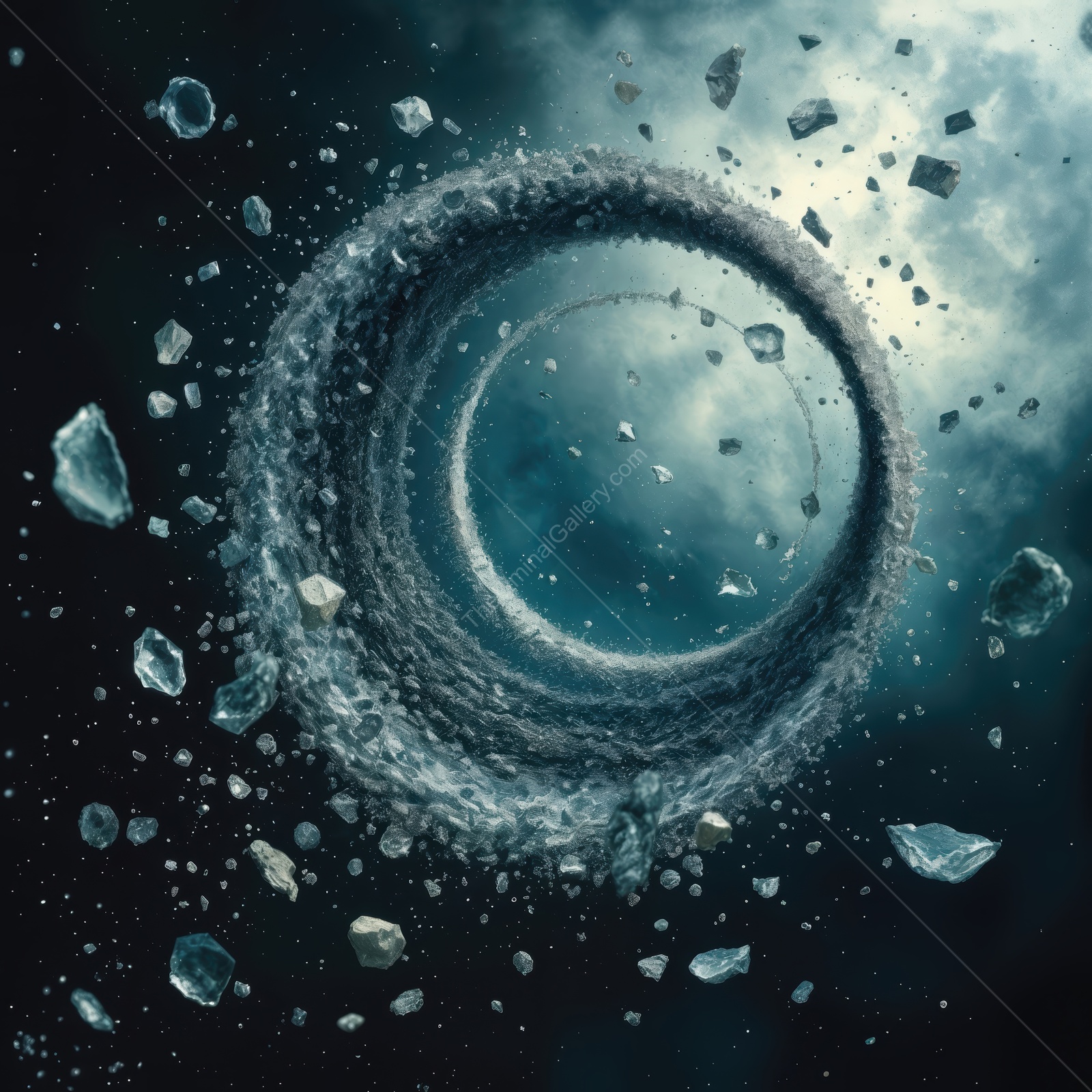 Swirling cosmic vortex with fragments dispersing in a dark, celestial setting