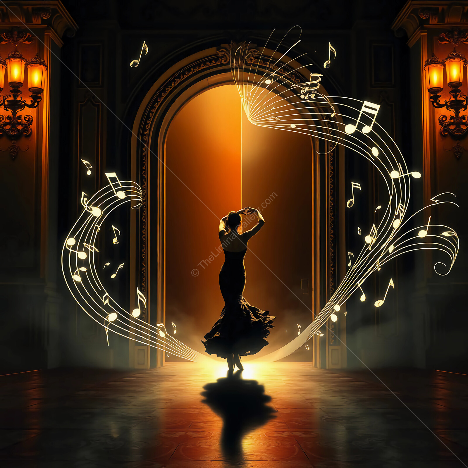 Dancer illuminated by golden light with swirling musical notes in a grand hall