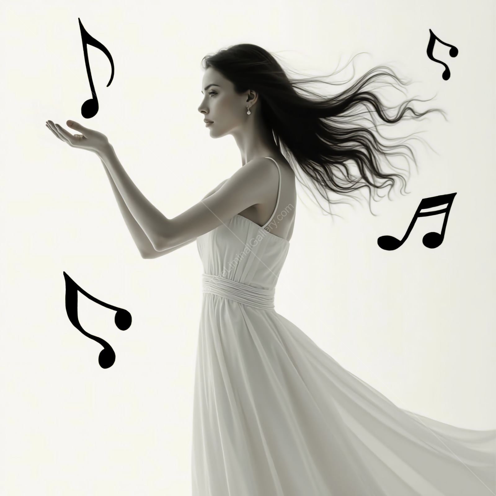Graceful dancer in a flowing white dress surrounded by musical notes in a serene and ethereal setting