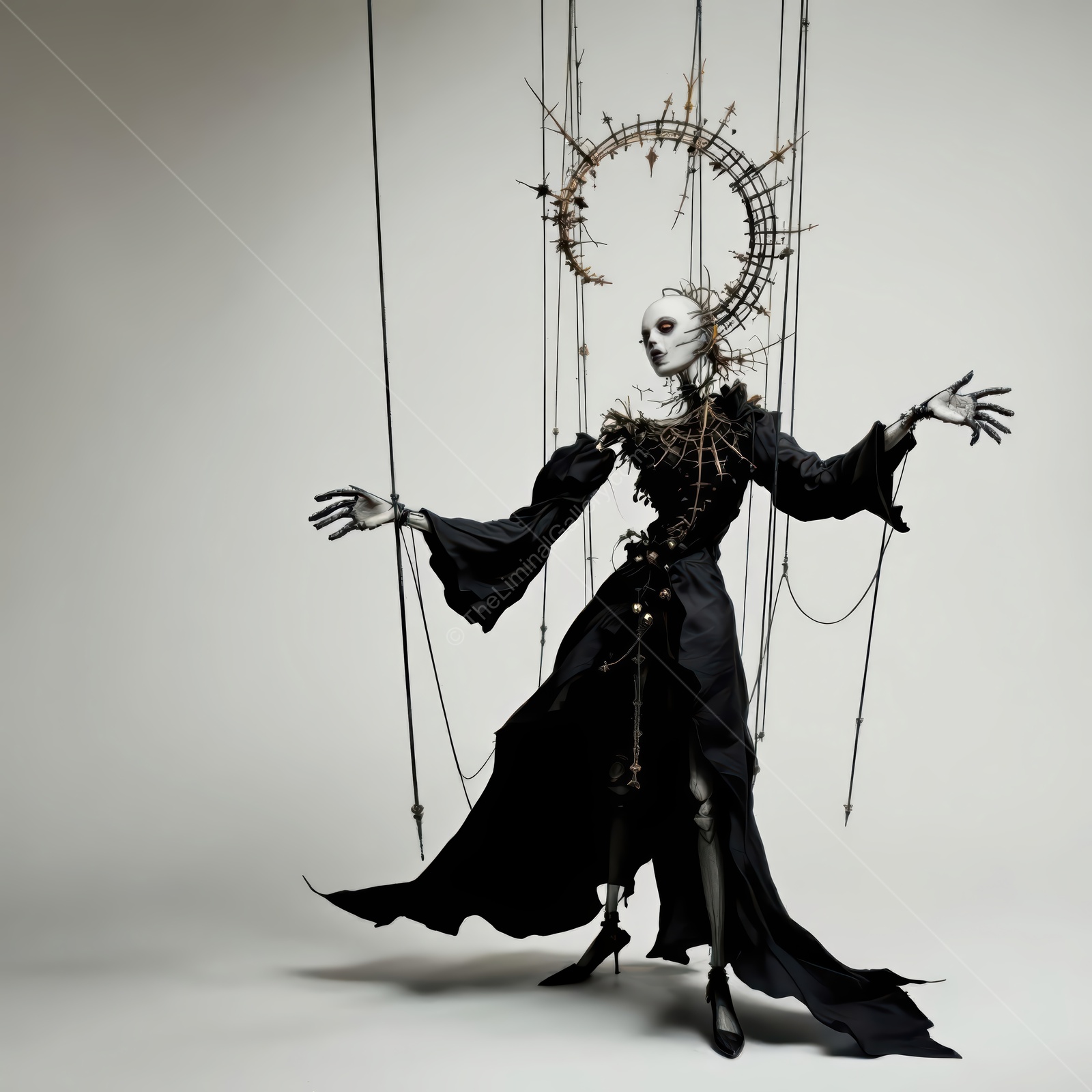 A stunning figure dressed in dark fashion performs as a marionette in a dramatic and artistic display, evoking themes of life and death
