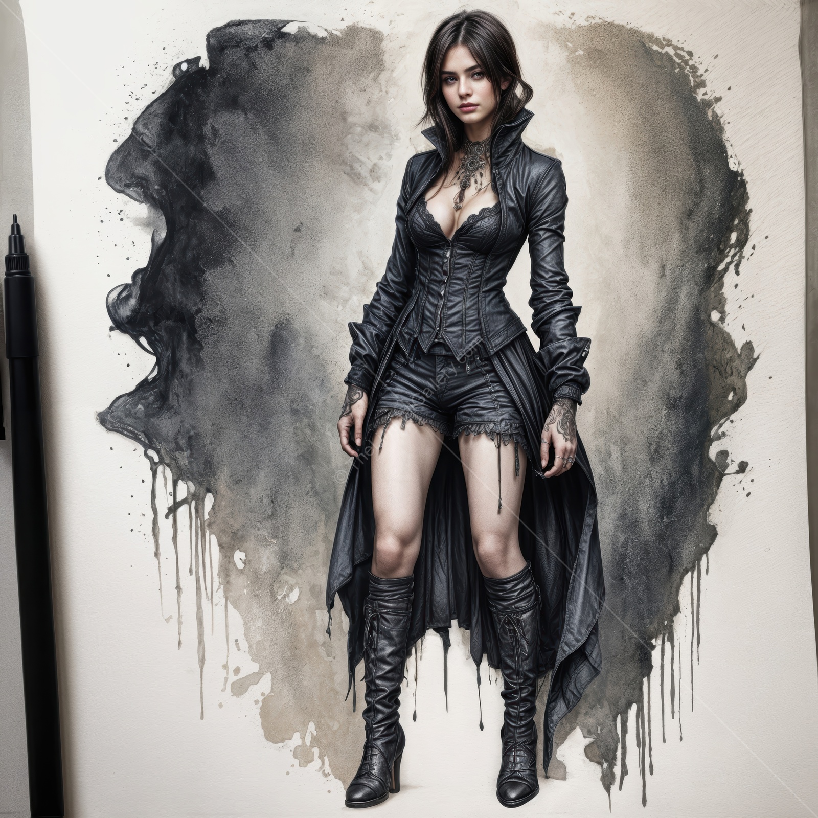 Striking woman in dark fashion with intricate tattoos and bold style poses confidently against an artistic backdrop